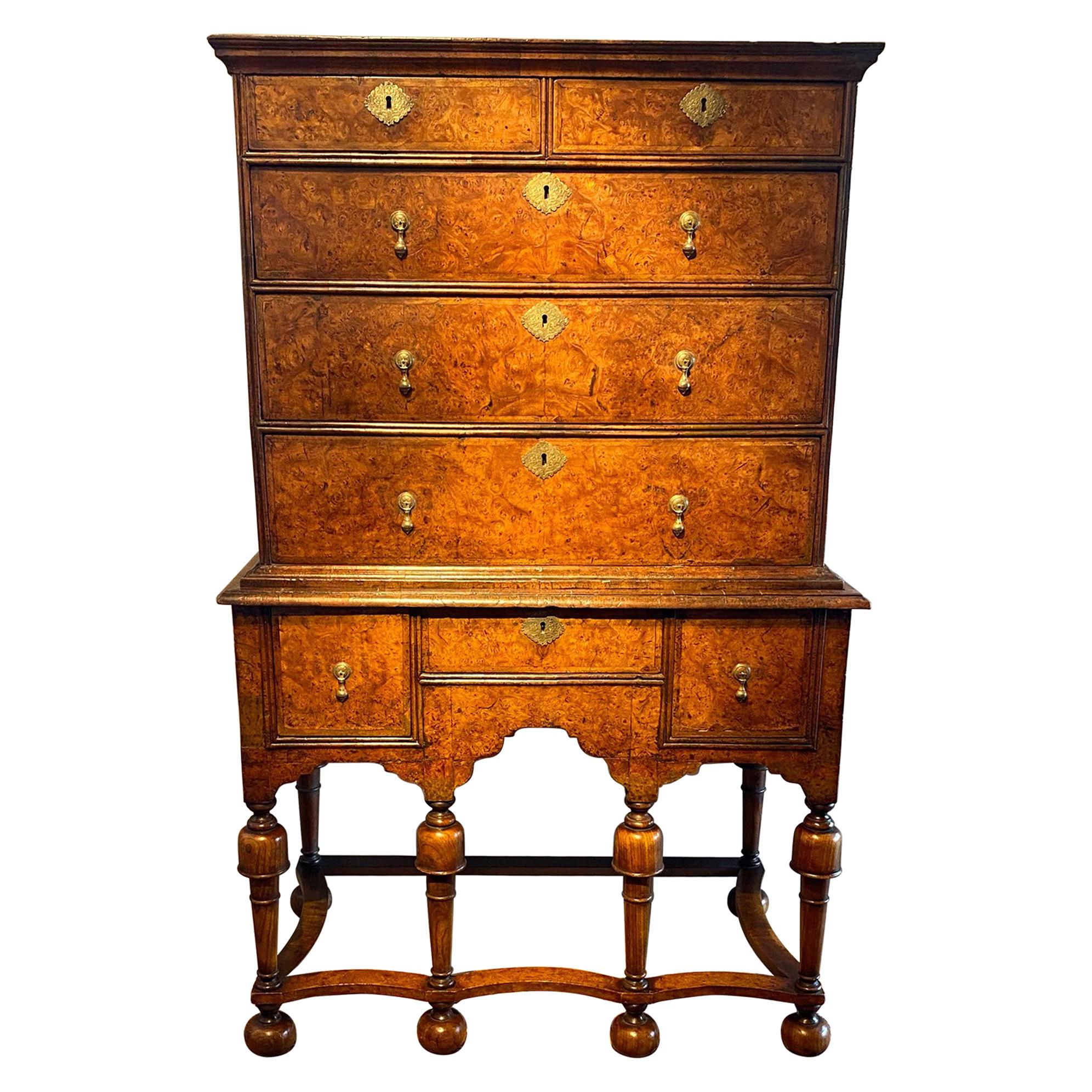 Early 18th Century William and Mary Burr Elm Chest on Stand For Sale