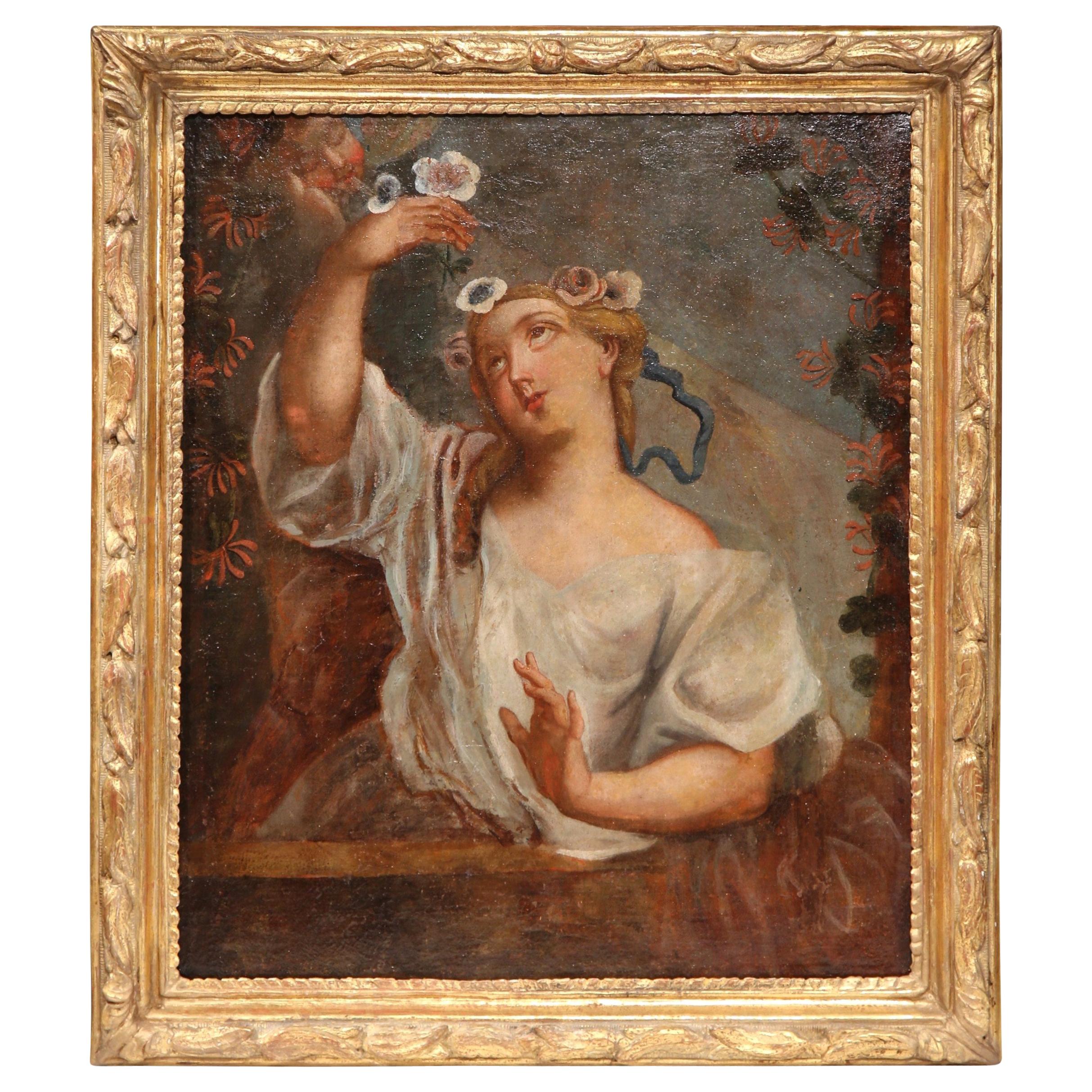 Early 18th Century Young Beauty Oil Painting in Carved Gilt Frame