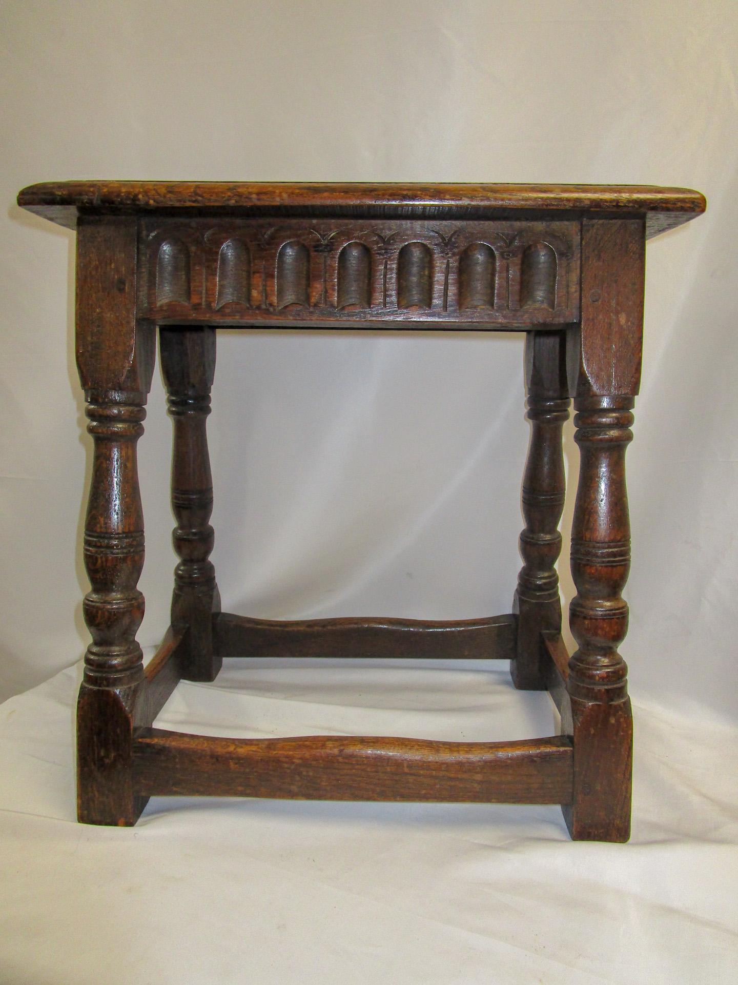 Early 18thc English Carved Oak Joint Stool with Pegged Construction For Sale 5