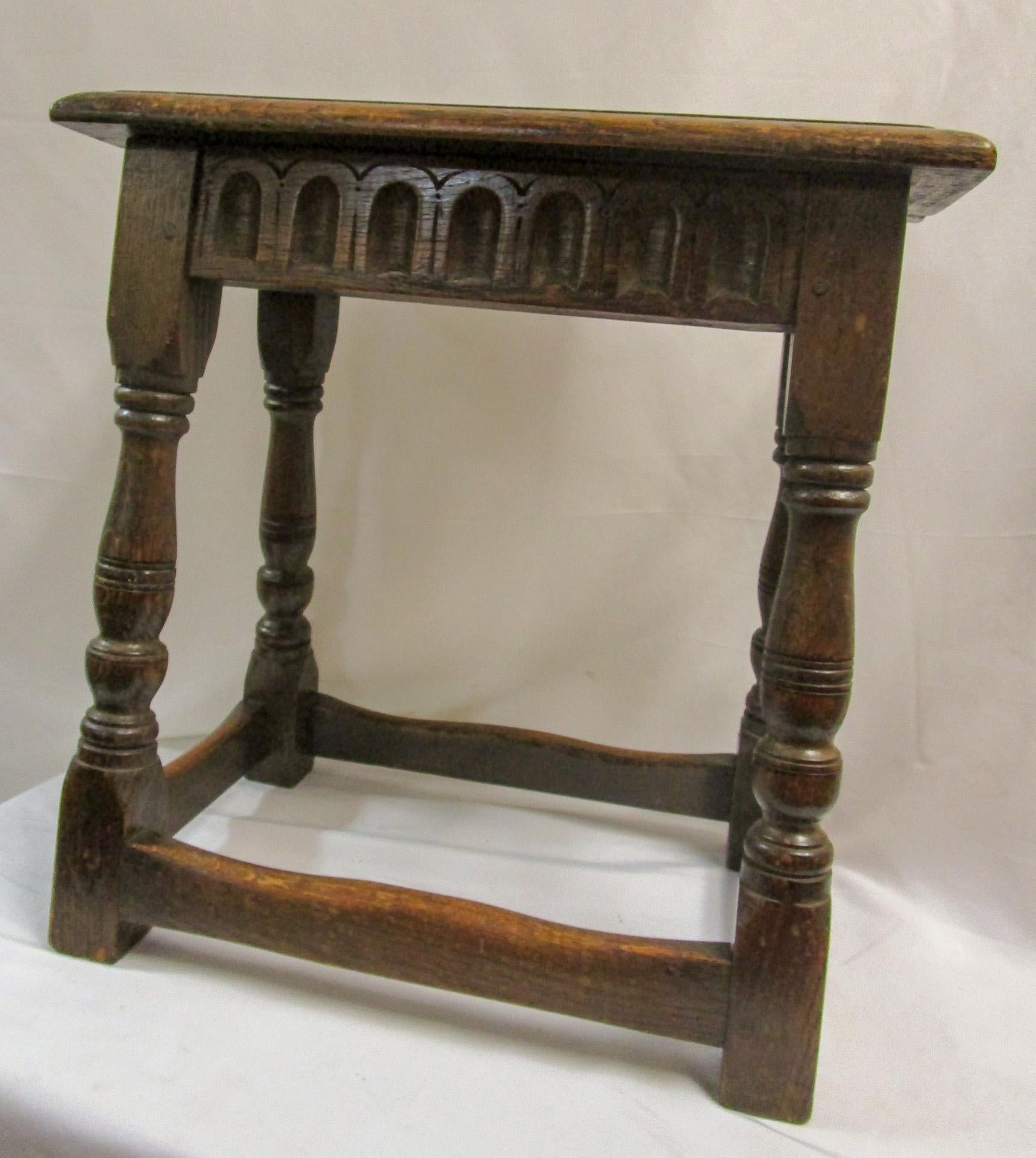 Early 18th Century Early 18thc English Carved Oak Joint Stool with Pegged Construction For Sale