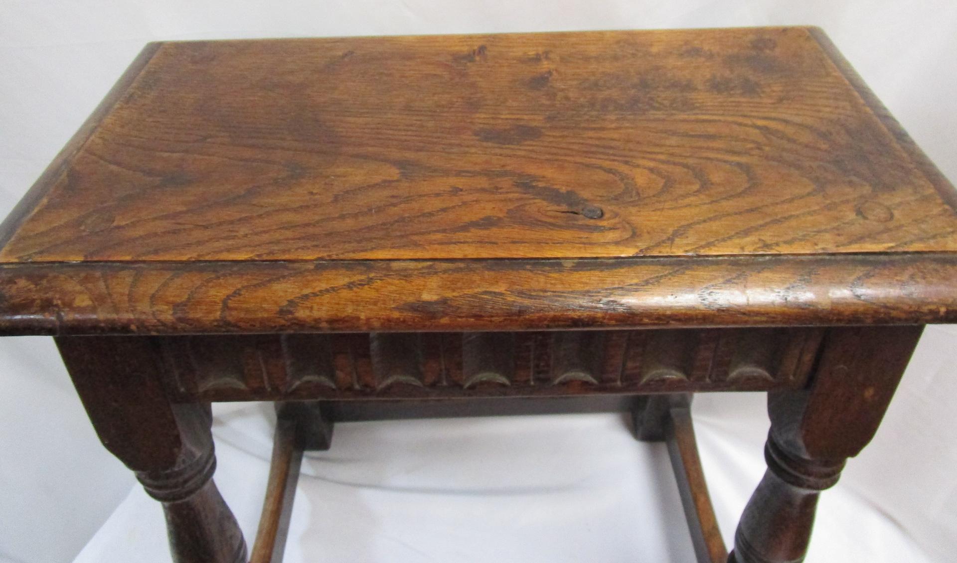 Early 18thc English Carved Oak Joint Stool with Pegged Construction For Sale 2