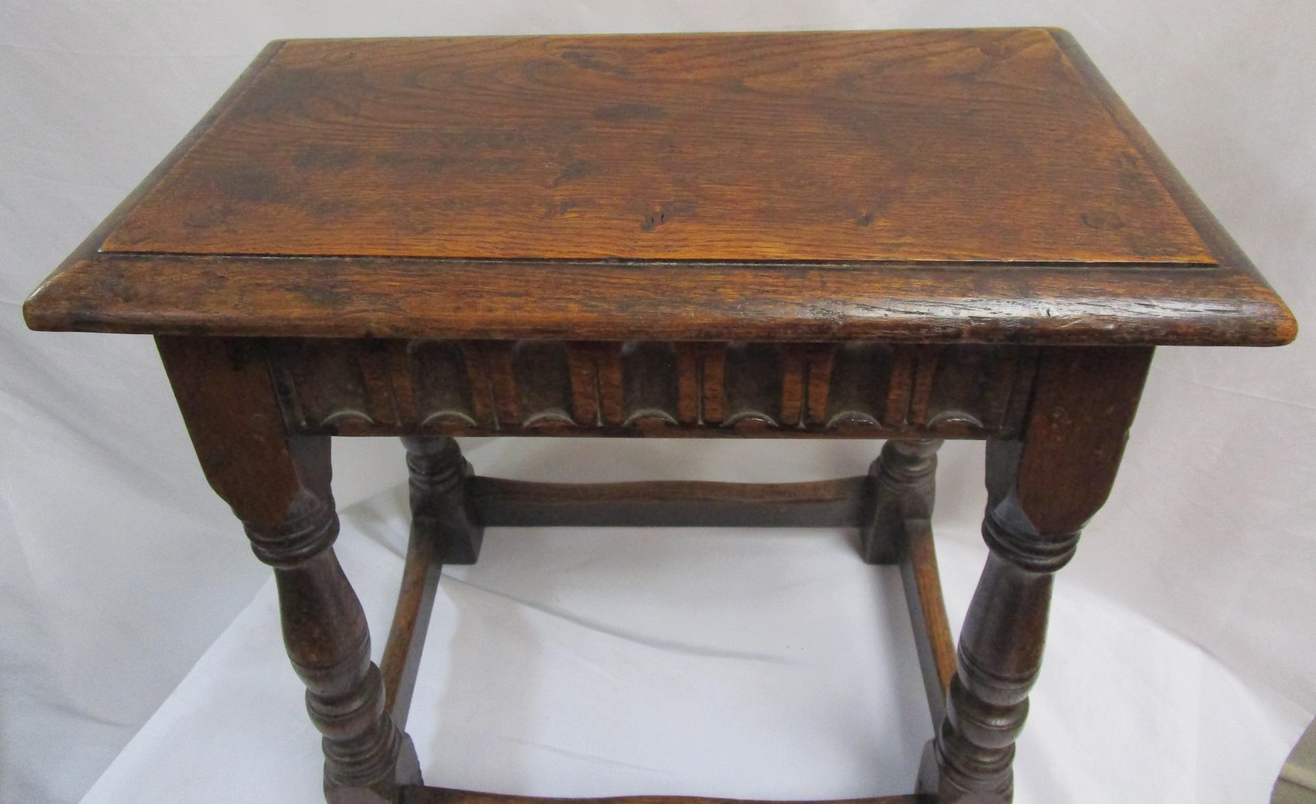 Early 18thc English Carved Oak Joint Stool with Pegged Construction For Sale 4
