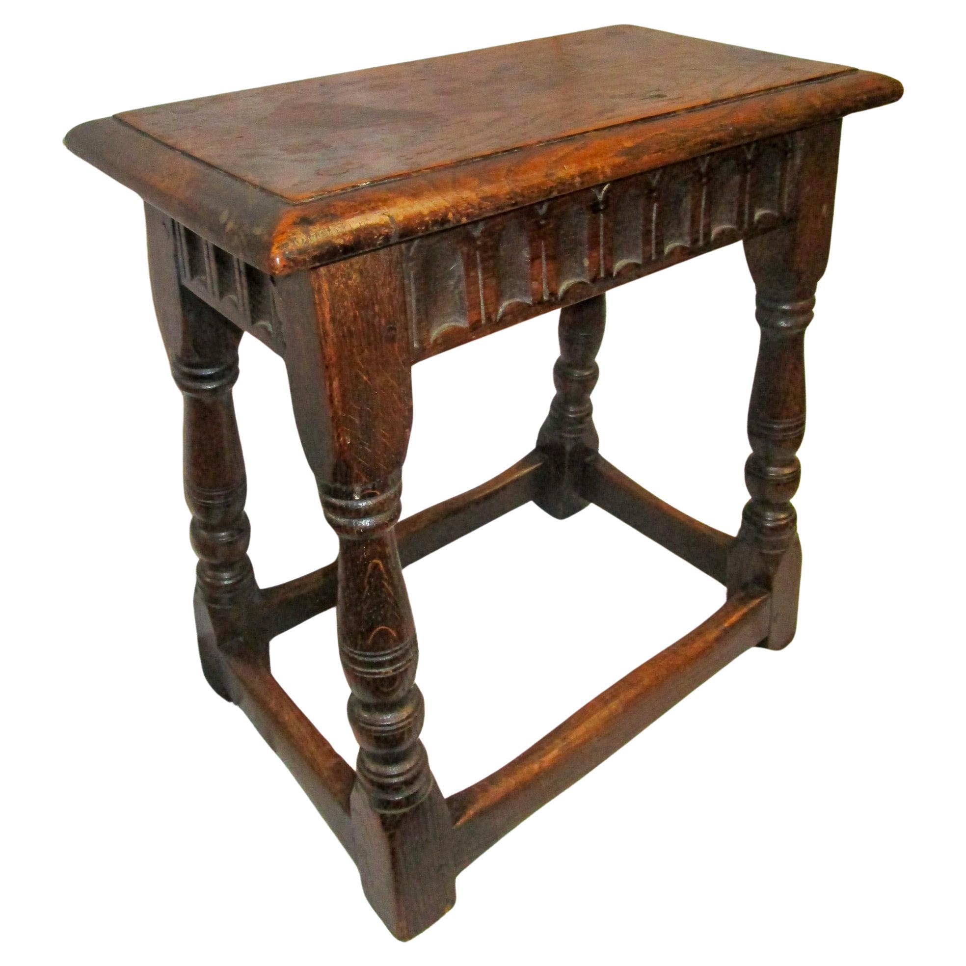 Early 18thc English Carved Oak Joint Stool with Pegged Construction For Sale