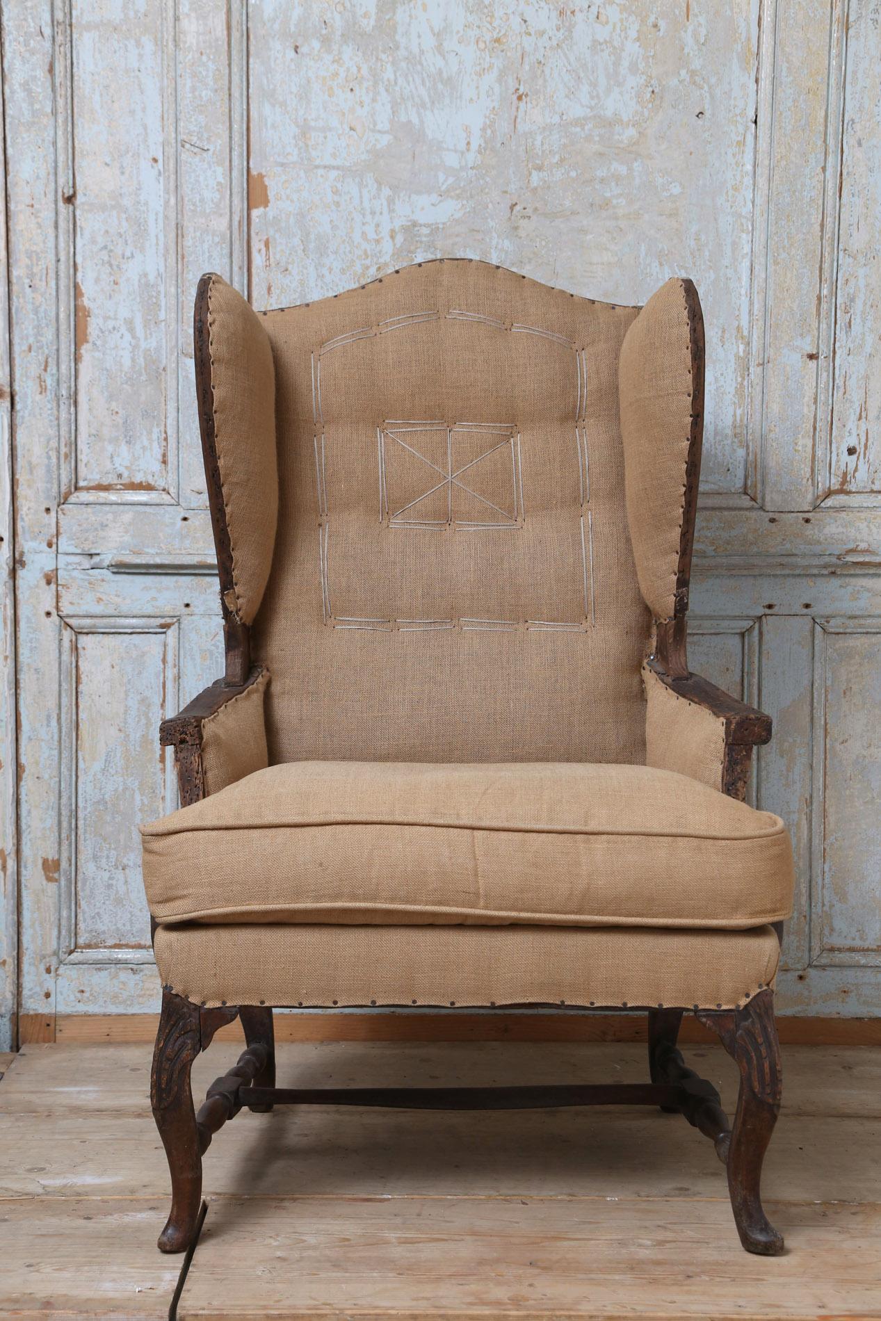 Early 18th Century French Deconstructed High Wing Back Fruitwood Armchair For Sale 5