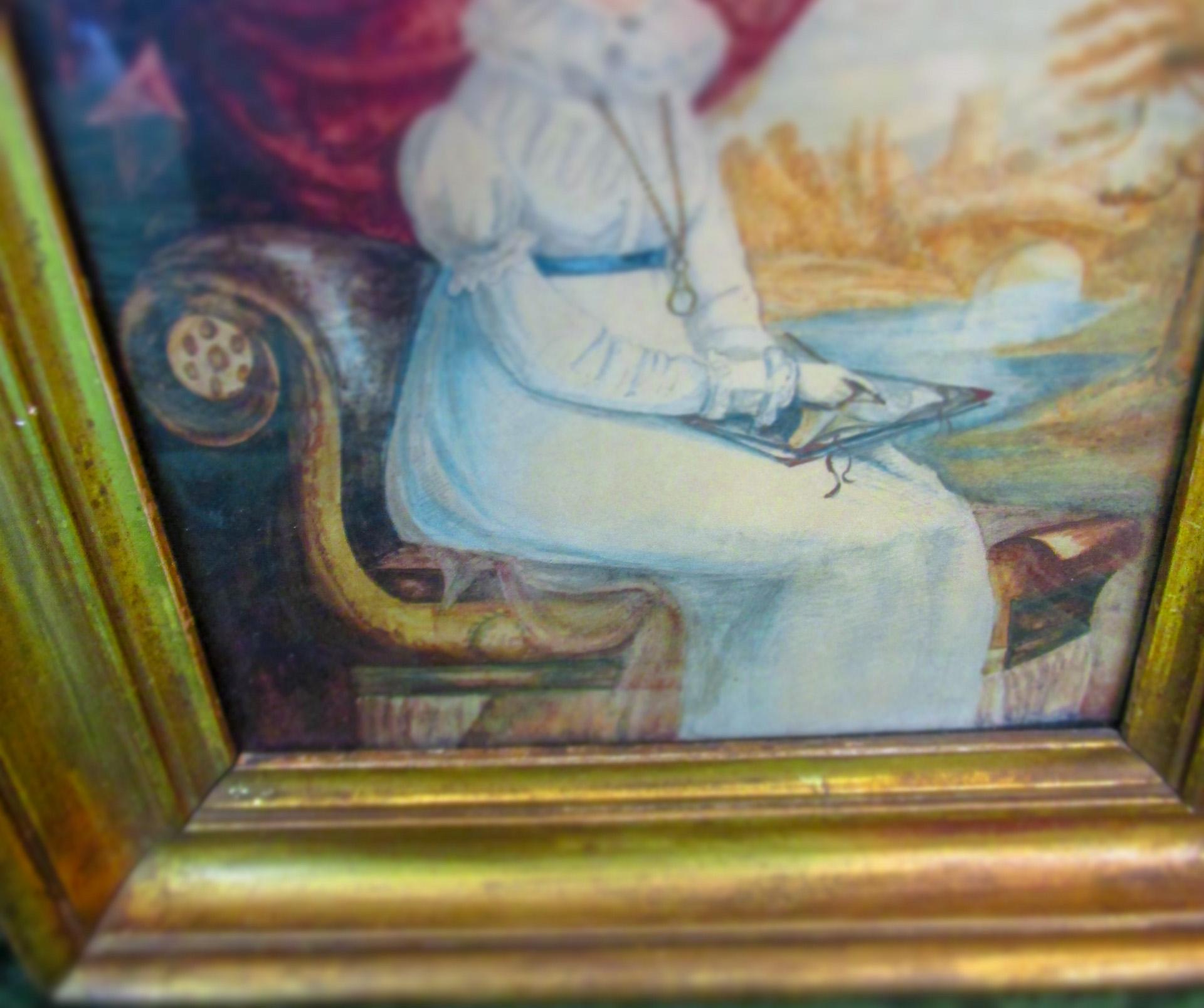Early 18thc French Watercolor Portrait Seated Lady Drawing Castle in Background For Sale 3