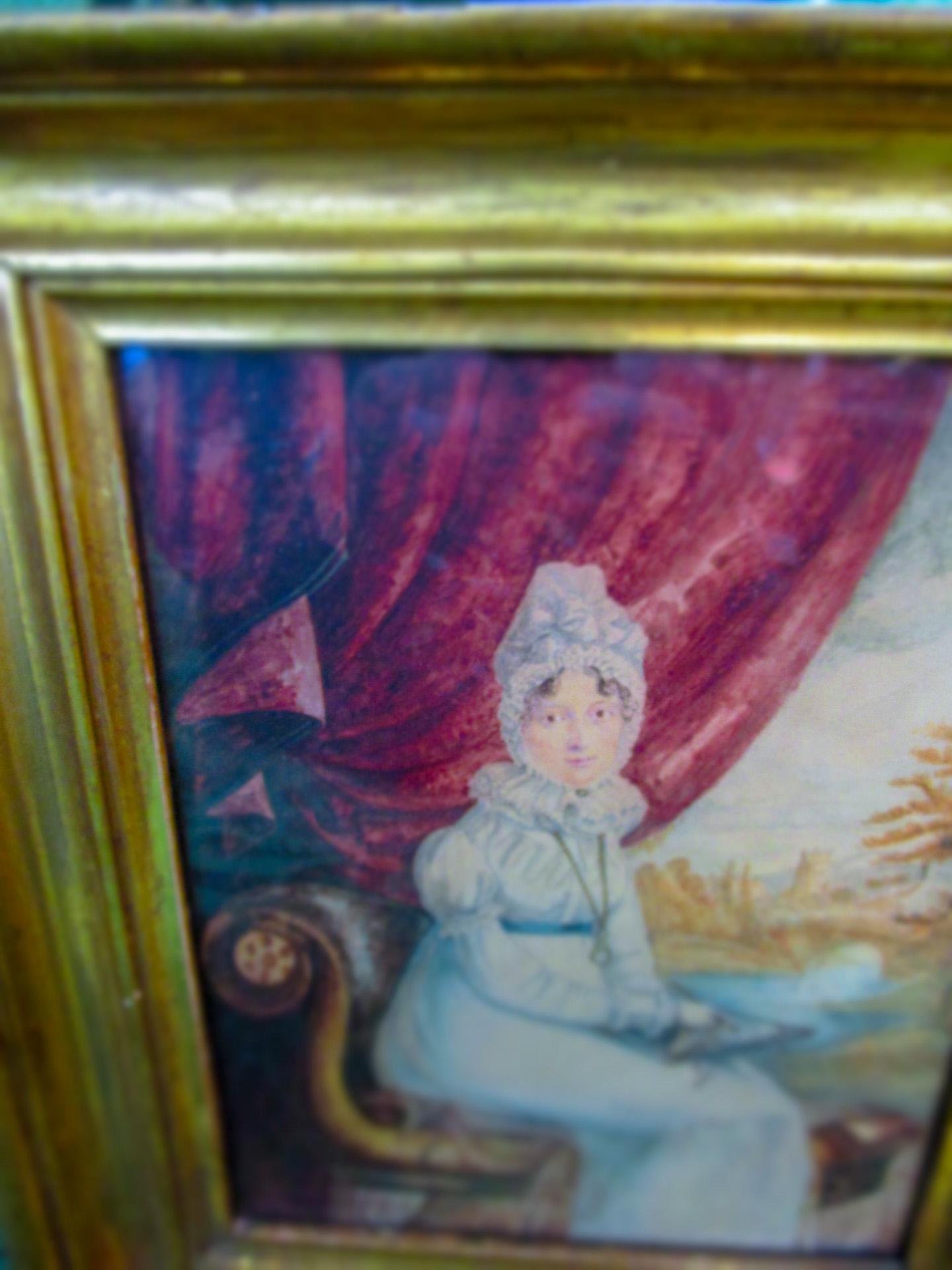 Early 18thc French Watercolor Portrait Seated Lady Drawing Castle in Background For Sale 4