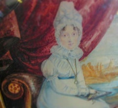 Early 18thc French Watercolor Portrait Seated Lady Drawing Castle in Background