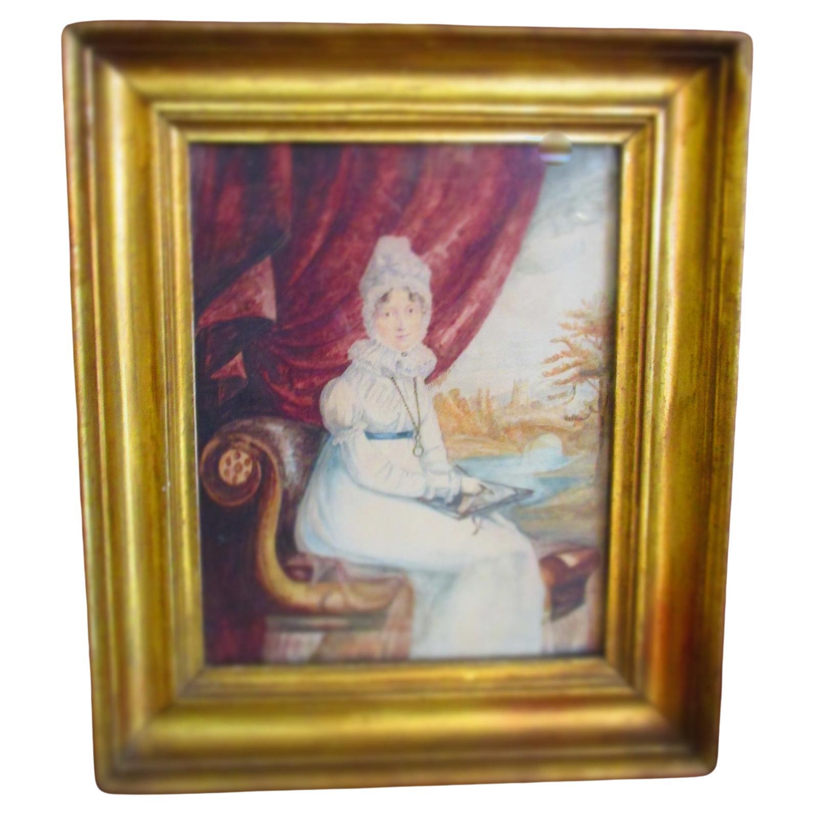 Early 18thc French Watercolor Portrait Seated Lady Drawing Castle in Background For Sale