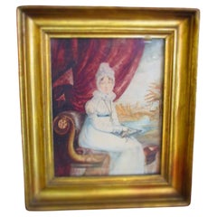 Early 18thc French Watercolor Portrait Seated Lady Drawing Castle in Background