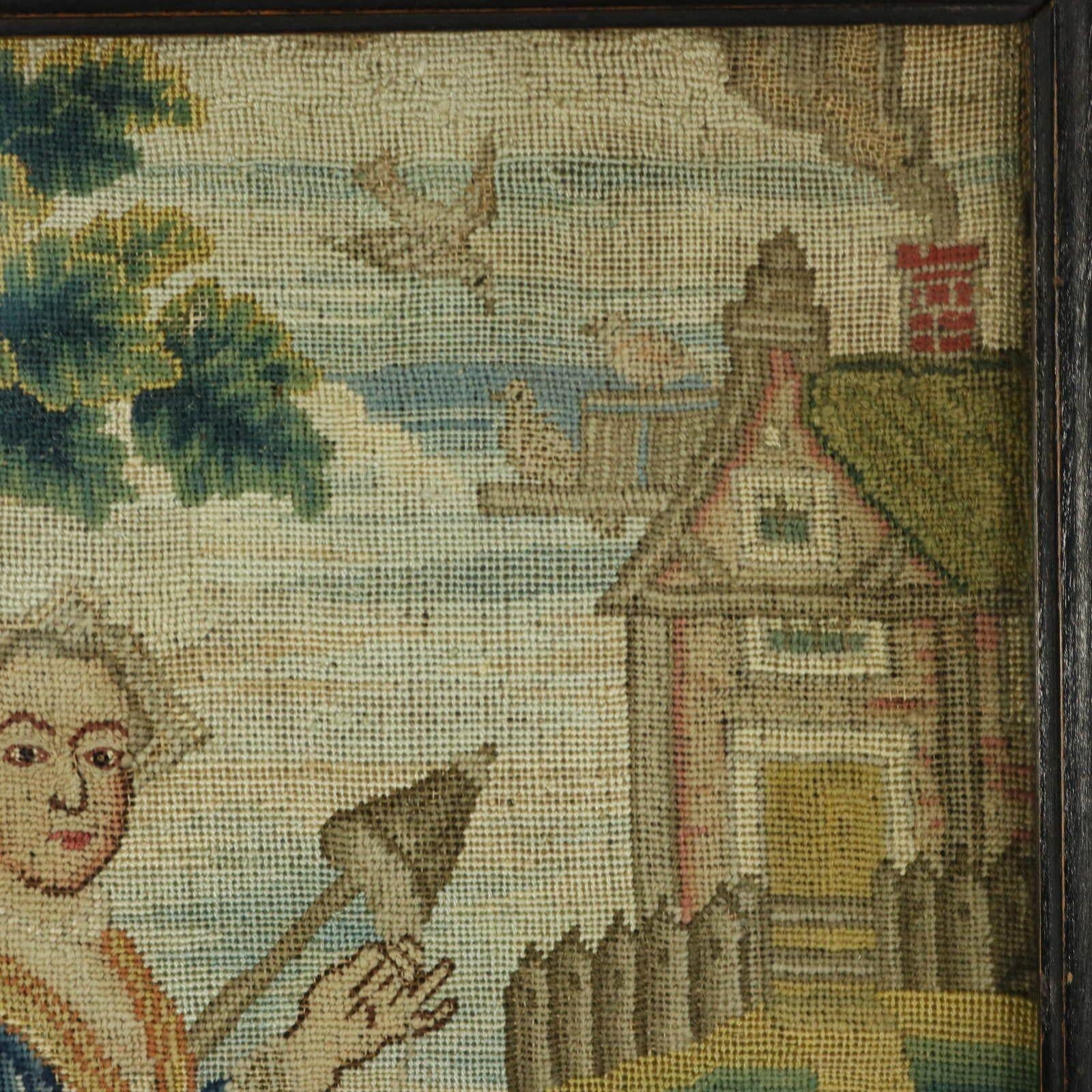 Silk Early 18thC Petit Point Embroidery of a Lady For Sale