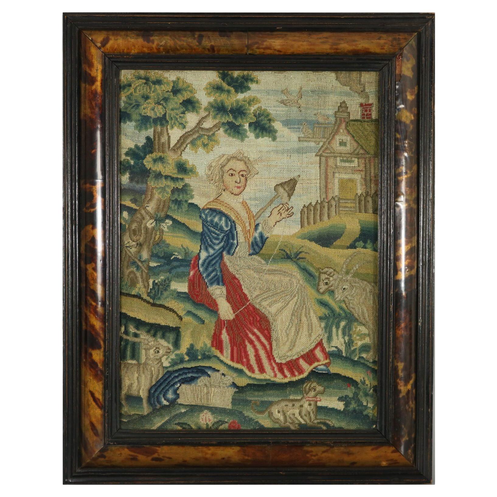 Early 18thC Petit Point Embroidery of a Lady For Sale