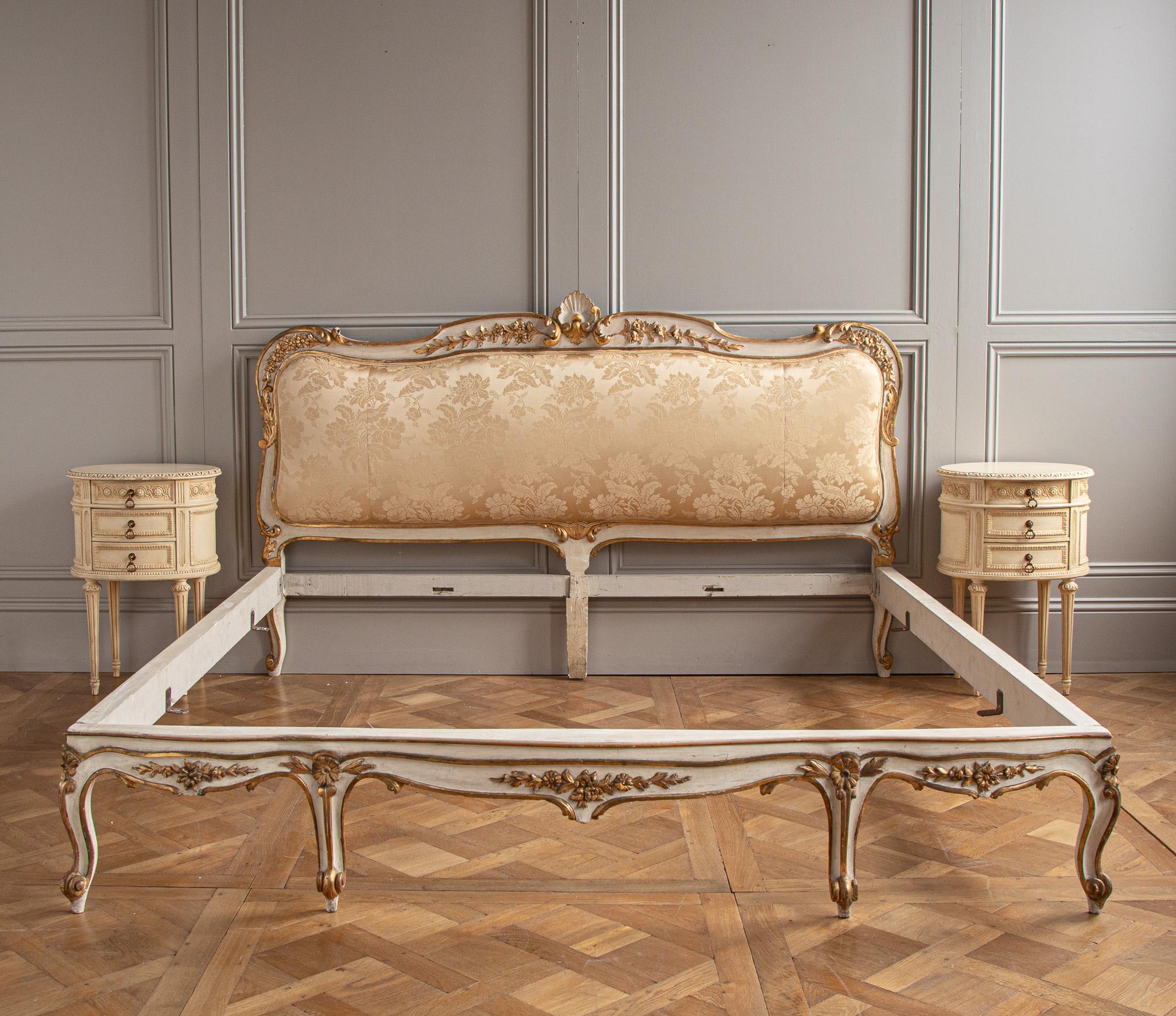 Hand-Carved Early 19 C. Large Italian Rococo Style Bed Hand Painted with Gilt Work