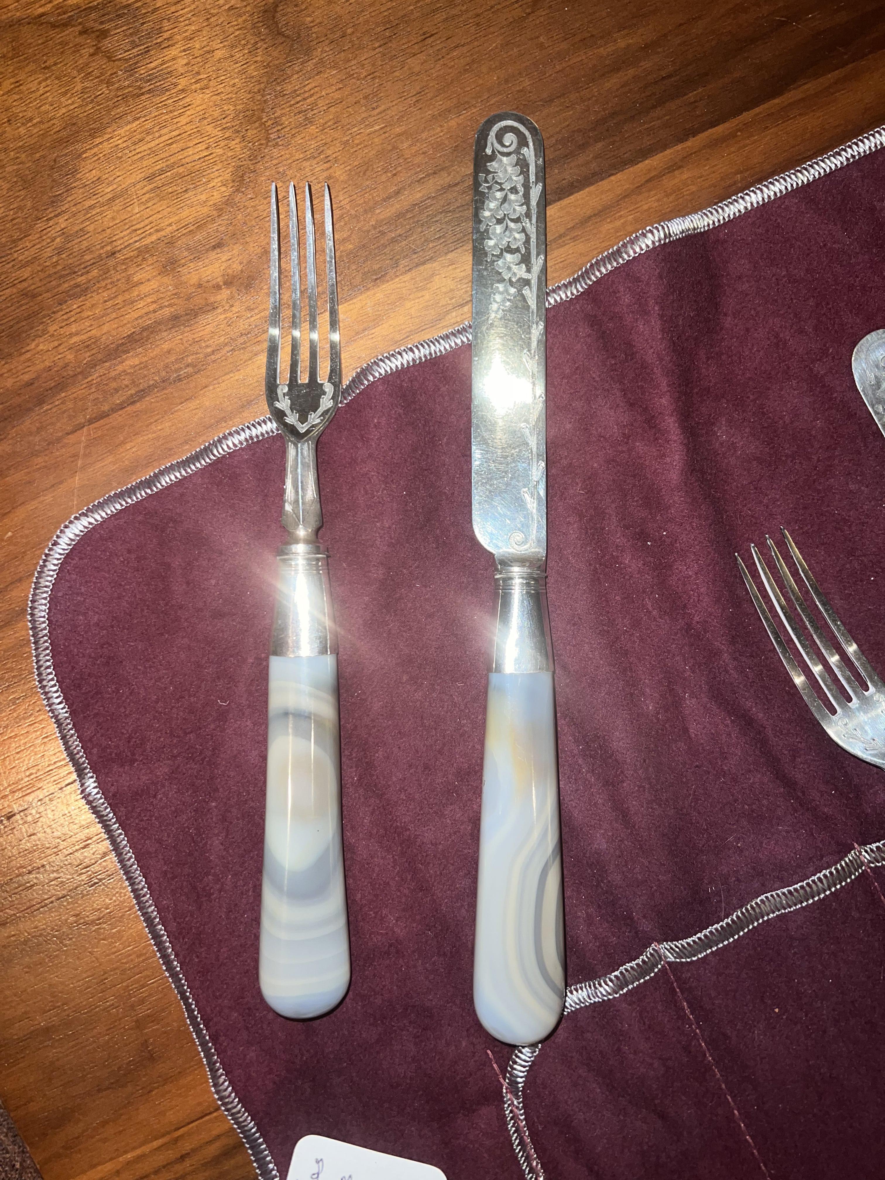 Early 19 C. Sterling Silver Engraved Agate Fork & Knife, Set of 6 In Good Condition In Brooklyn, NY