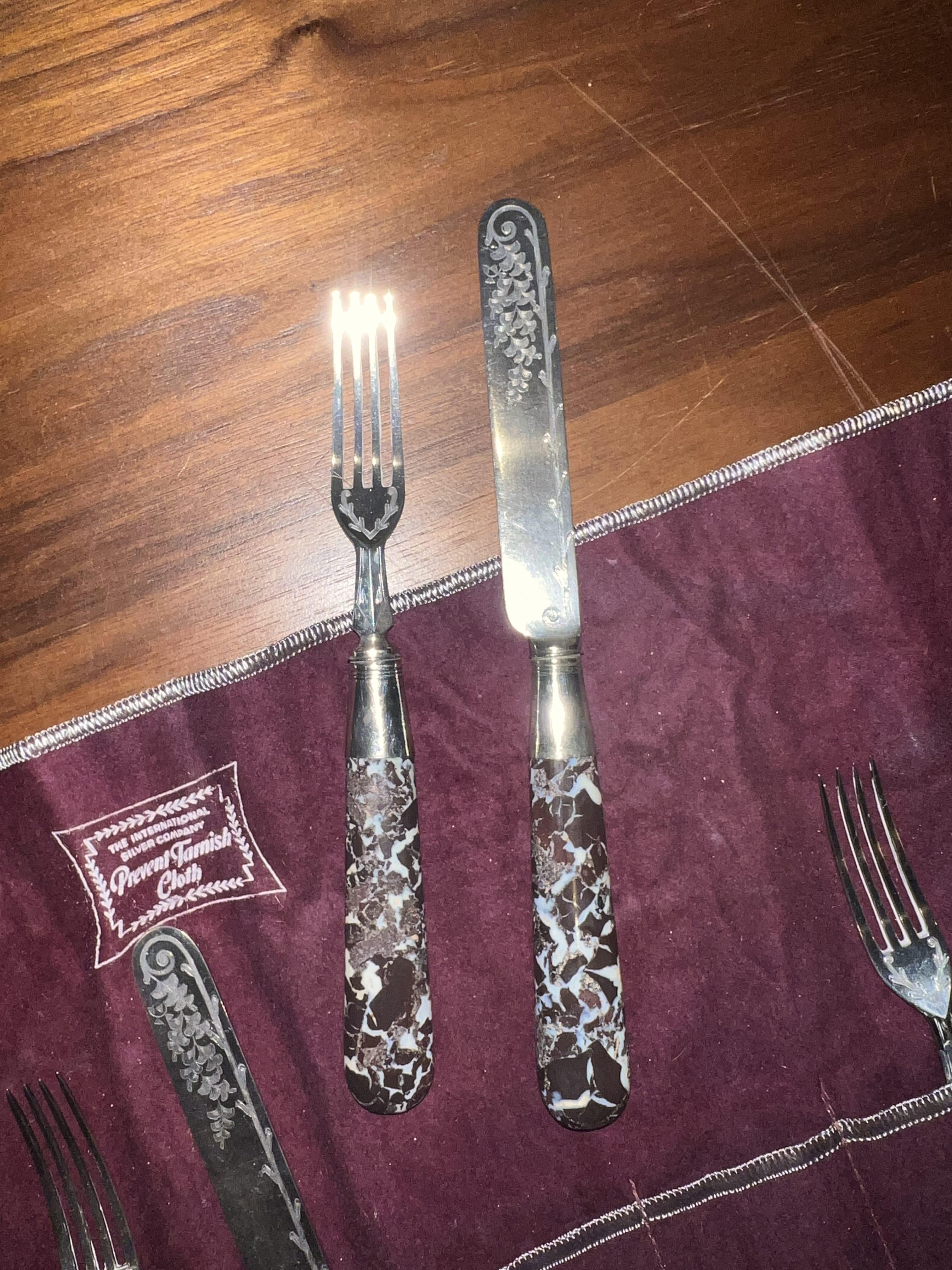 Early 19 C. Sterling Silver Engraved Agate Fork & Knife, Set of 6 1
