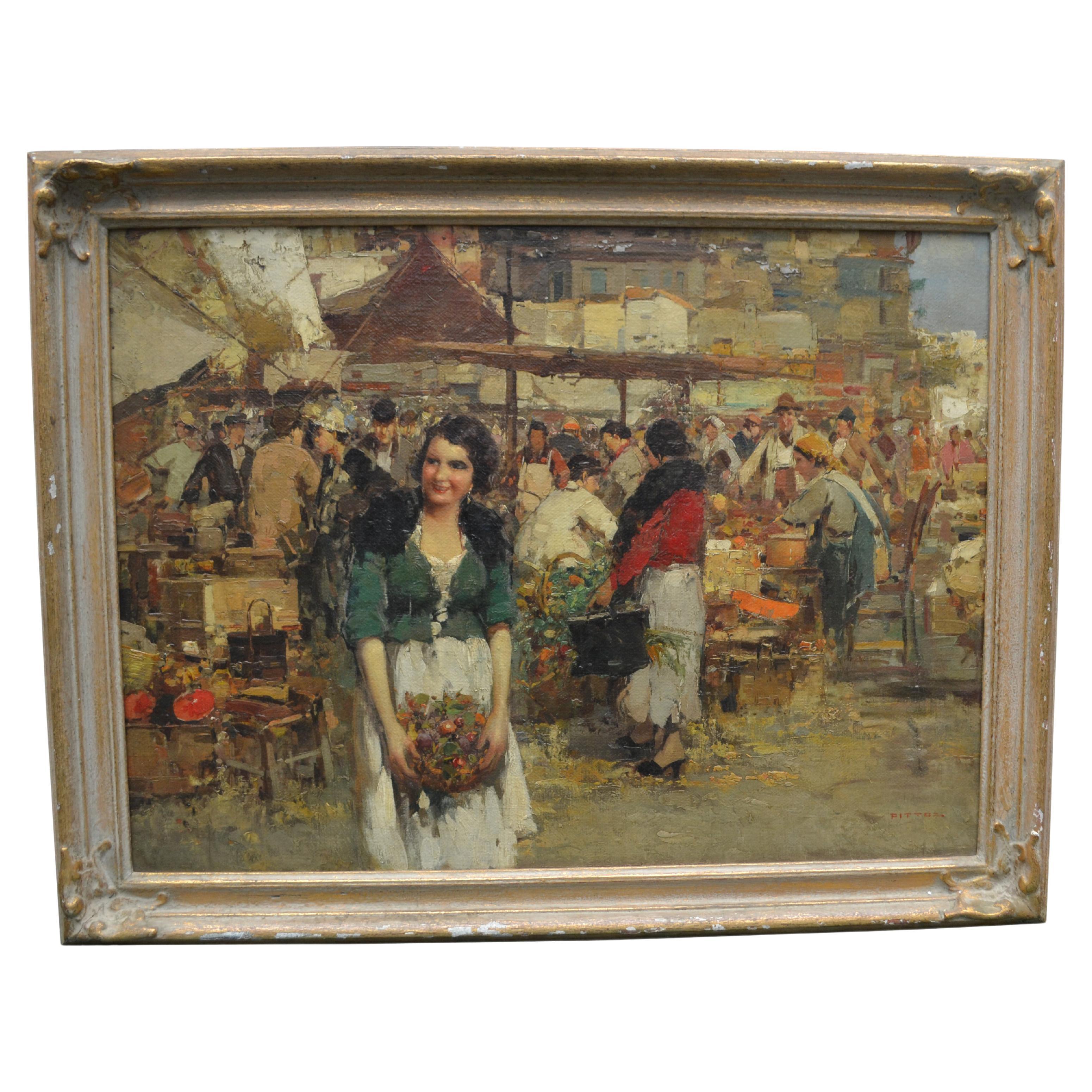 Early 19 Century Italian Painting Titled "in the Market" by Giacomo Pittoz