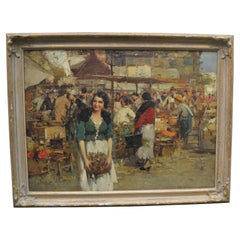 Antique Early 19 Century Italian Painting Titled "in the Market" by Giacomo Pittoz