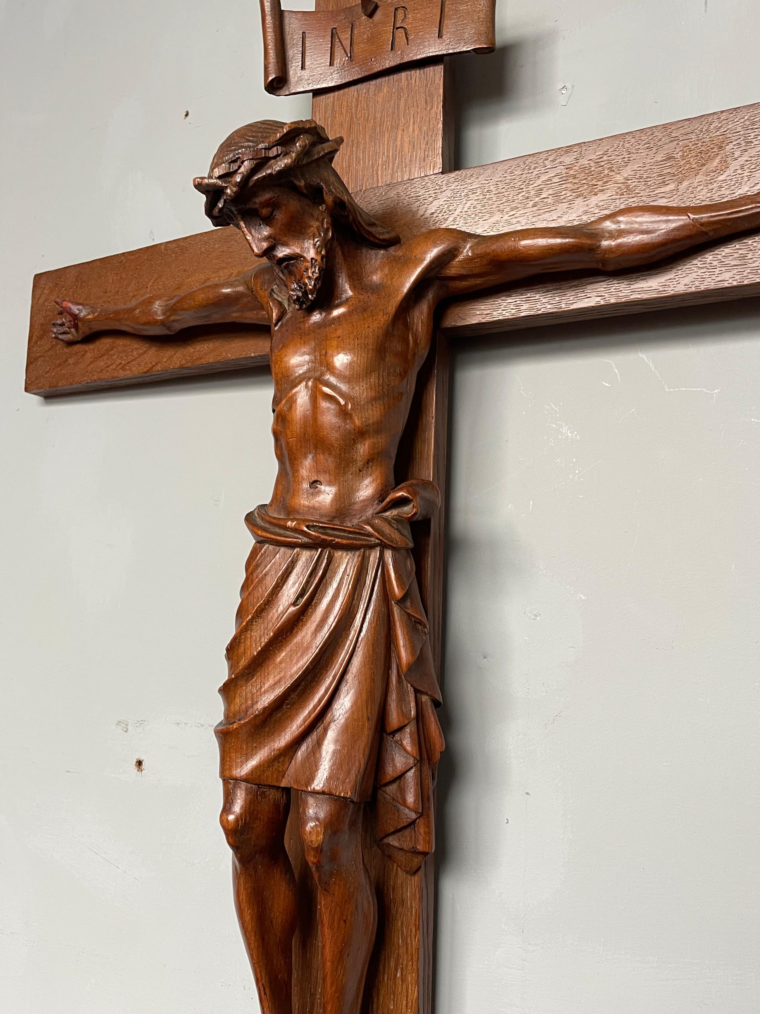 Early 1900 and Very Fine Quality Hand Carved Wall Crucifix / Jesus on the Cross For Sale 9