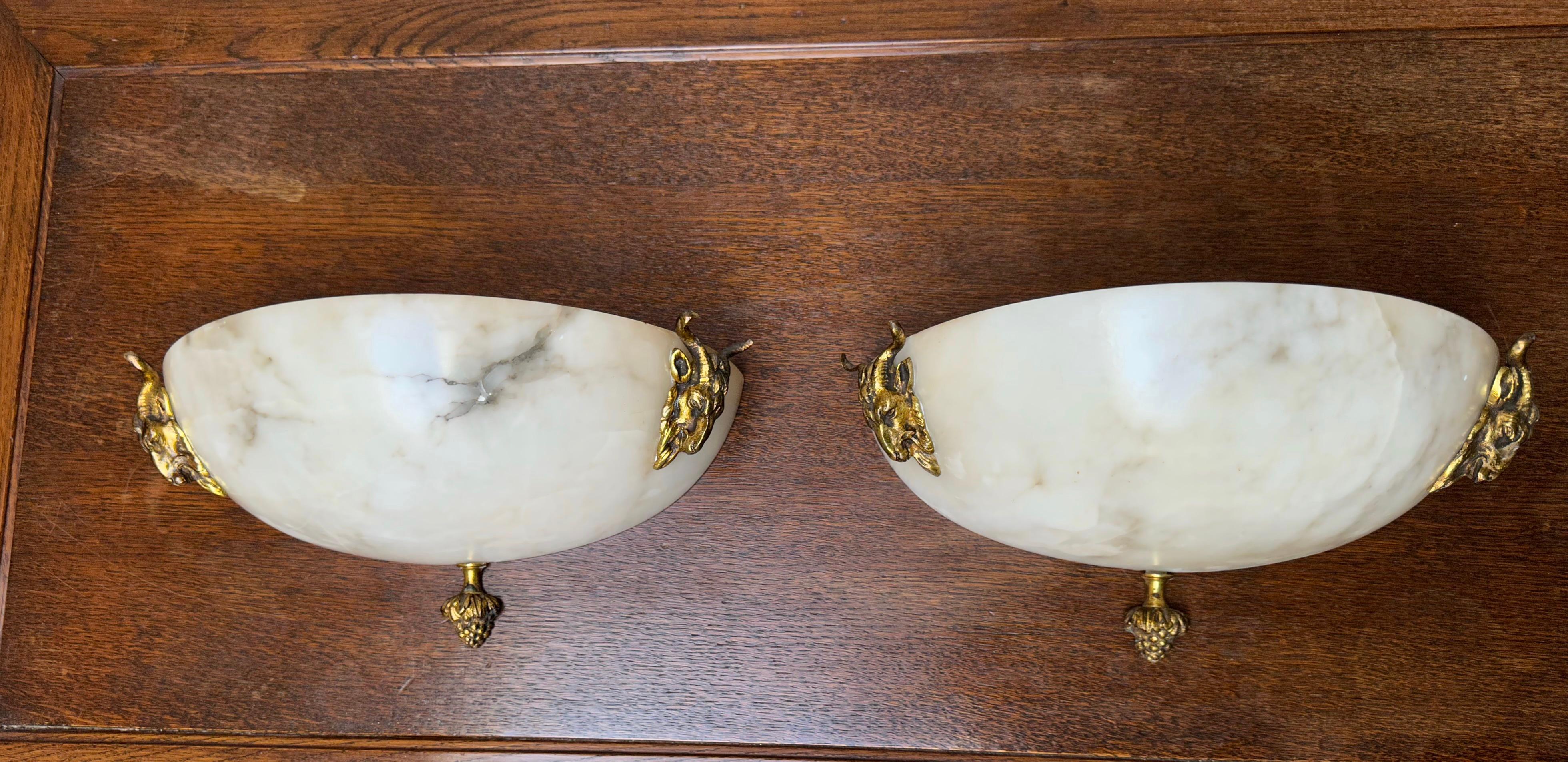 Early 1900, Antique Pair of Alabaster Wall Sconces W. Gilt Bronze Ram Sculptures For Sale 10