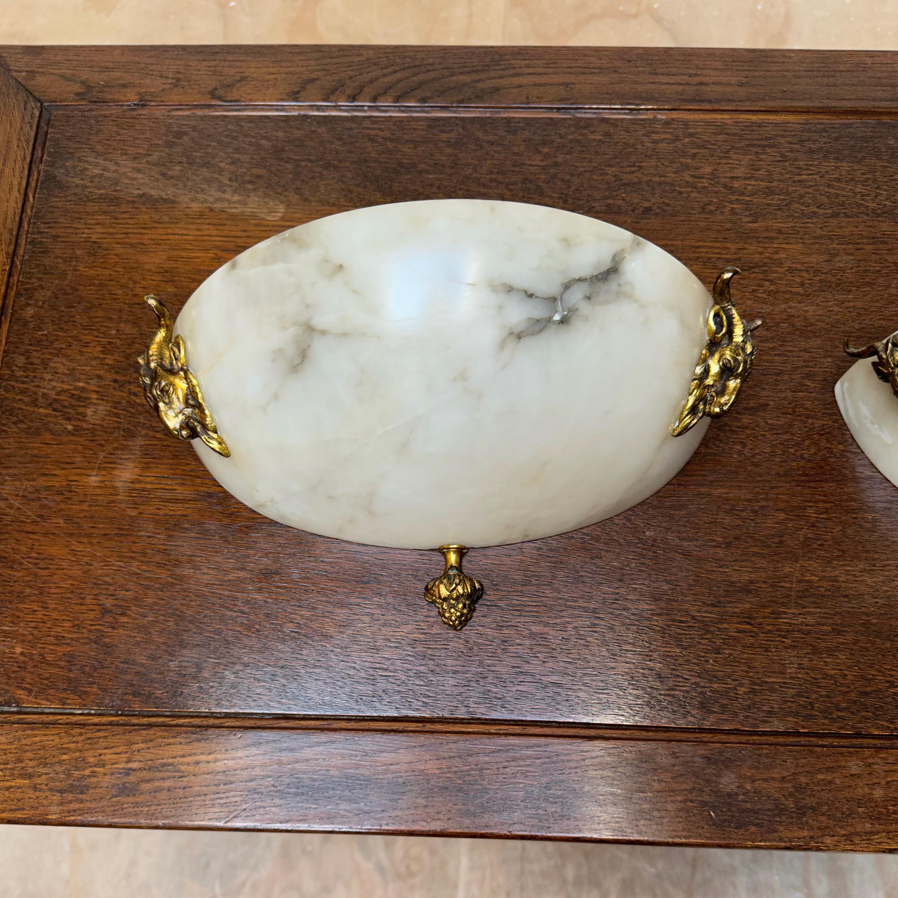 Early 1900, Antique Pair of Alabaster Wall Sconces W. Gilt Bronze Ram Sculptures For Sale 12