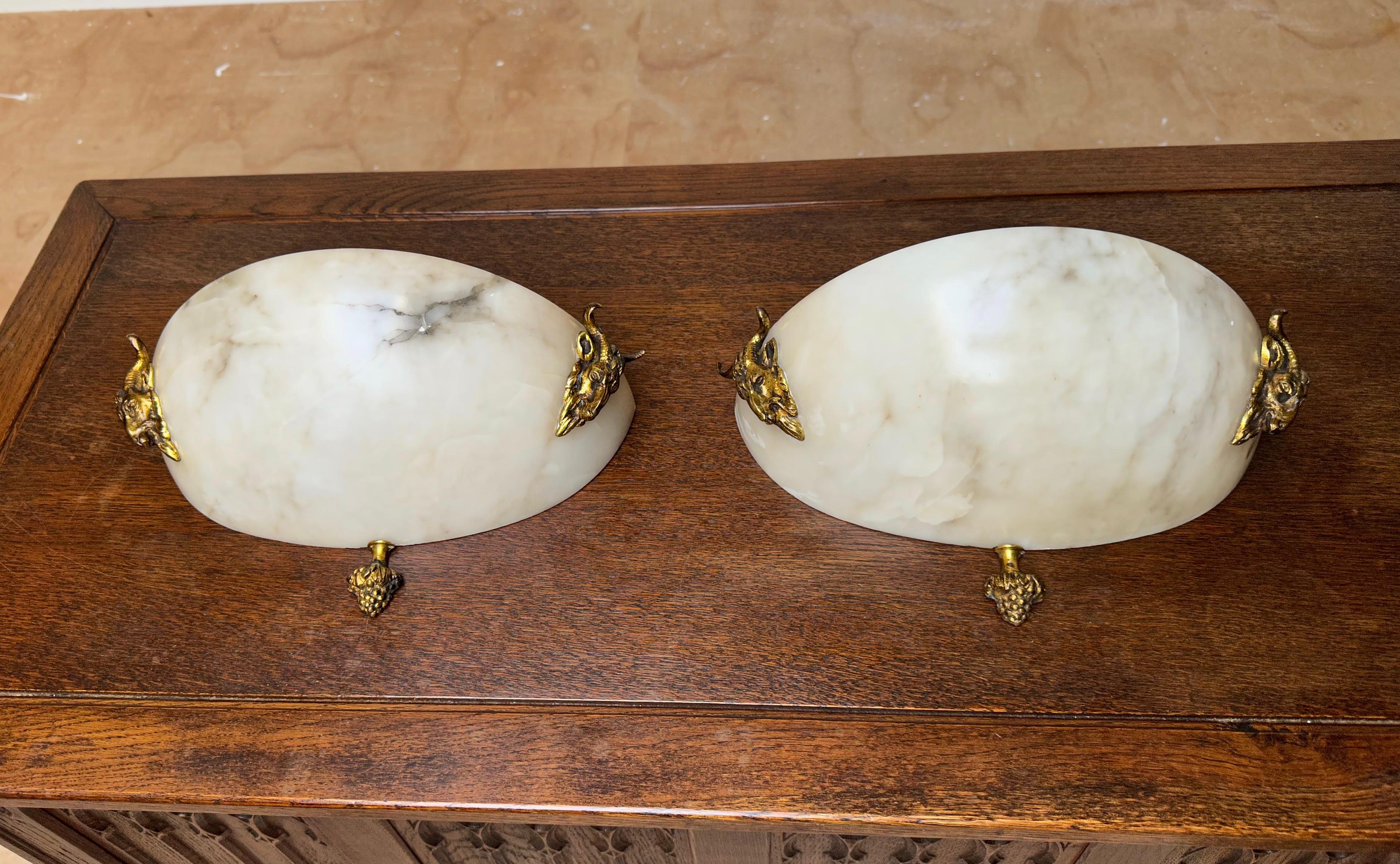 Early 1900, Antique Pair of Alabaster Wall Sconces W. Gilt Bronze Ram Sculptures For Sale 13