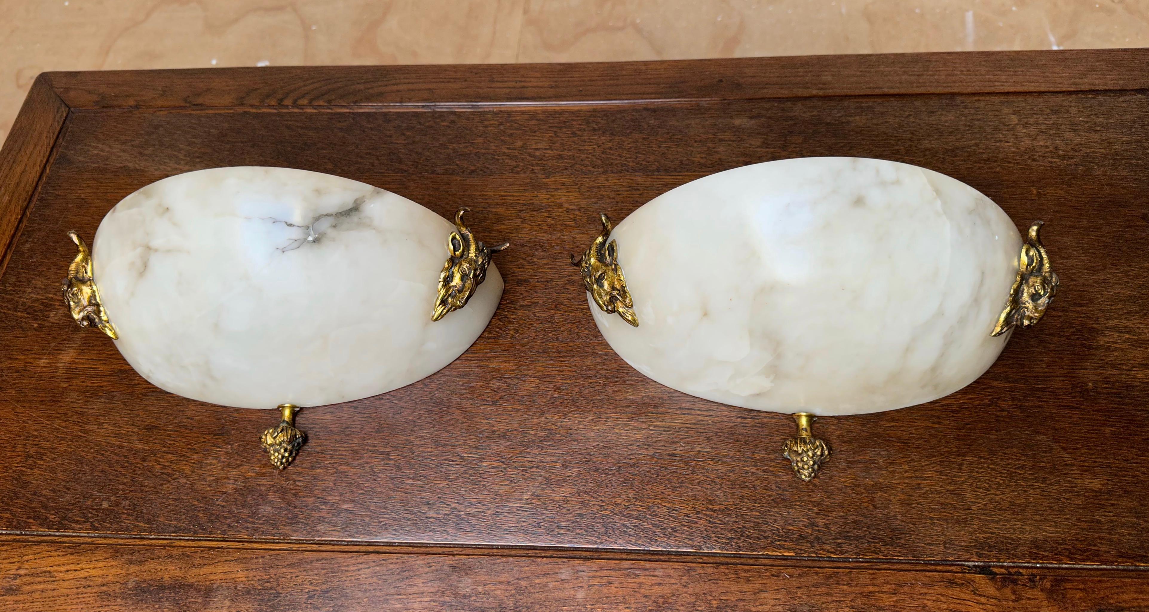 Arts and Crafts Early 1900, Antique Pair of Alabaster Wall Sconces W. Gilt Bronze Ram Sculptures For Sale