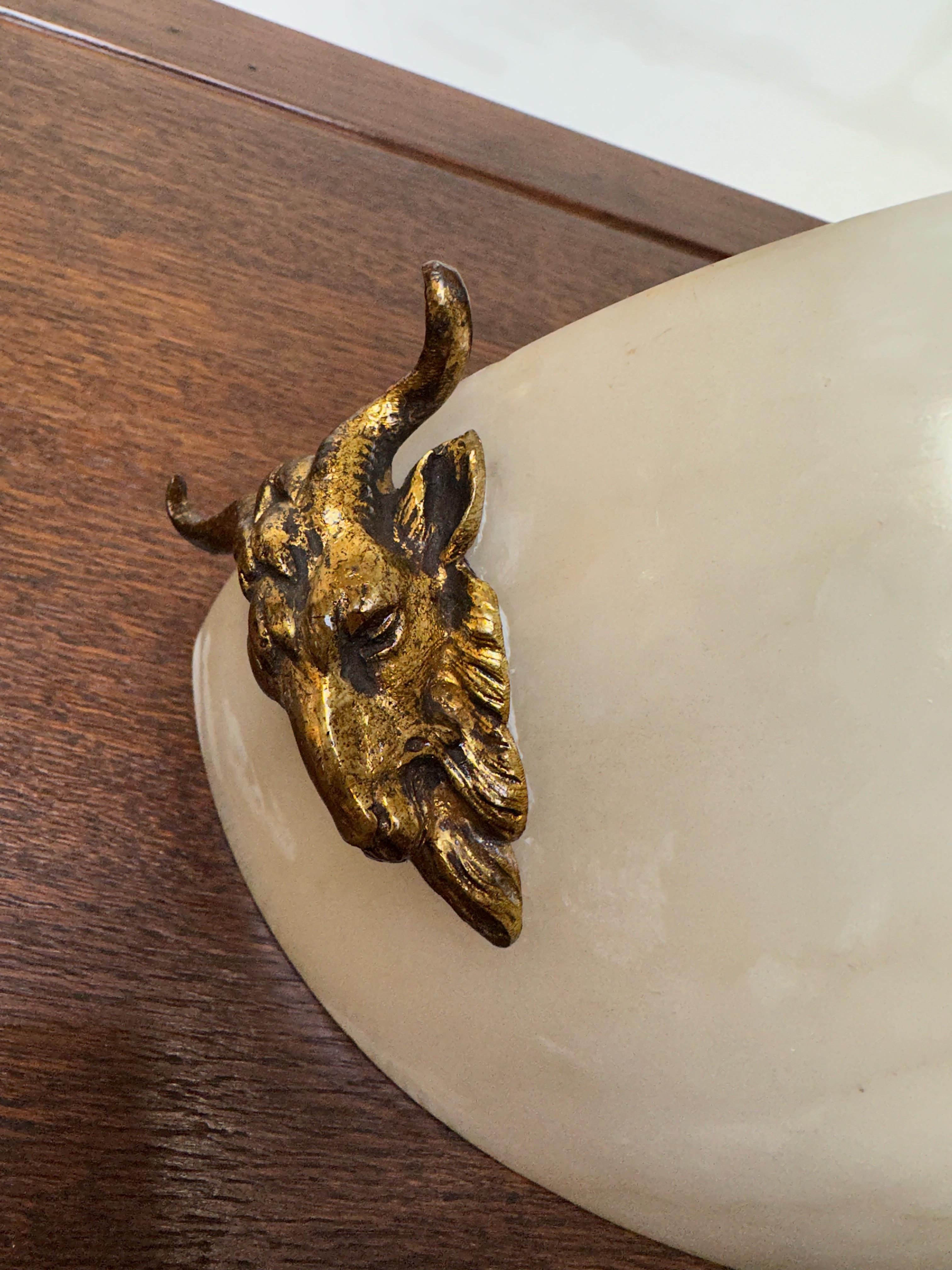 Early 1900, Antique Pair of Alabaster Wall Sconces W. Gilt Bronze Ram Sculptures For Sale 1