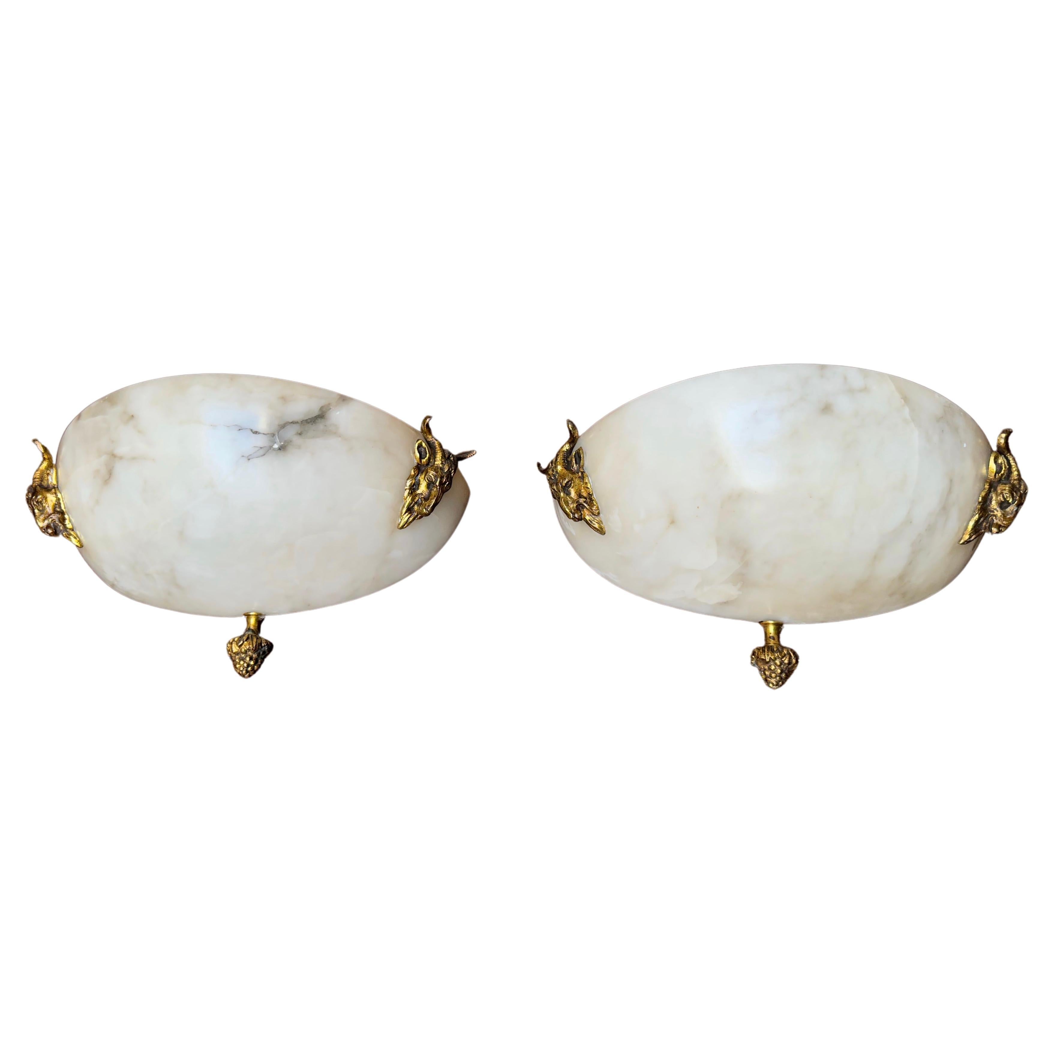 Early 1900, Antique Pair of Alabaster Wall Sconces W. Gilt Bronze Ram Sculptures For Sale