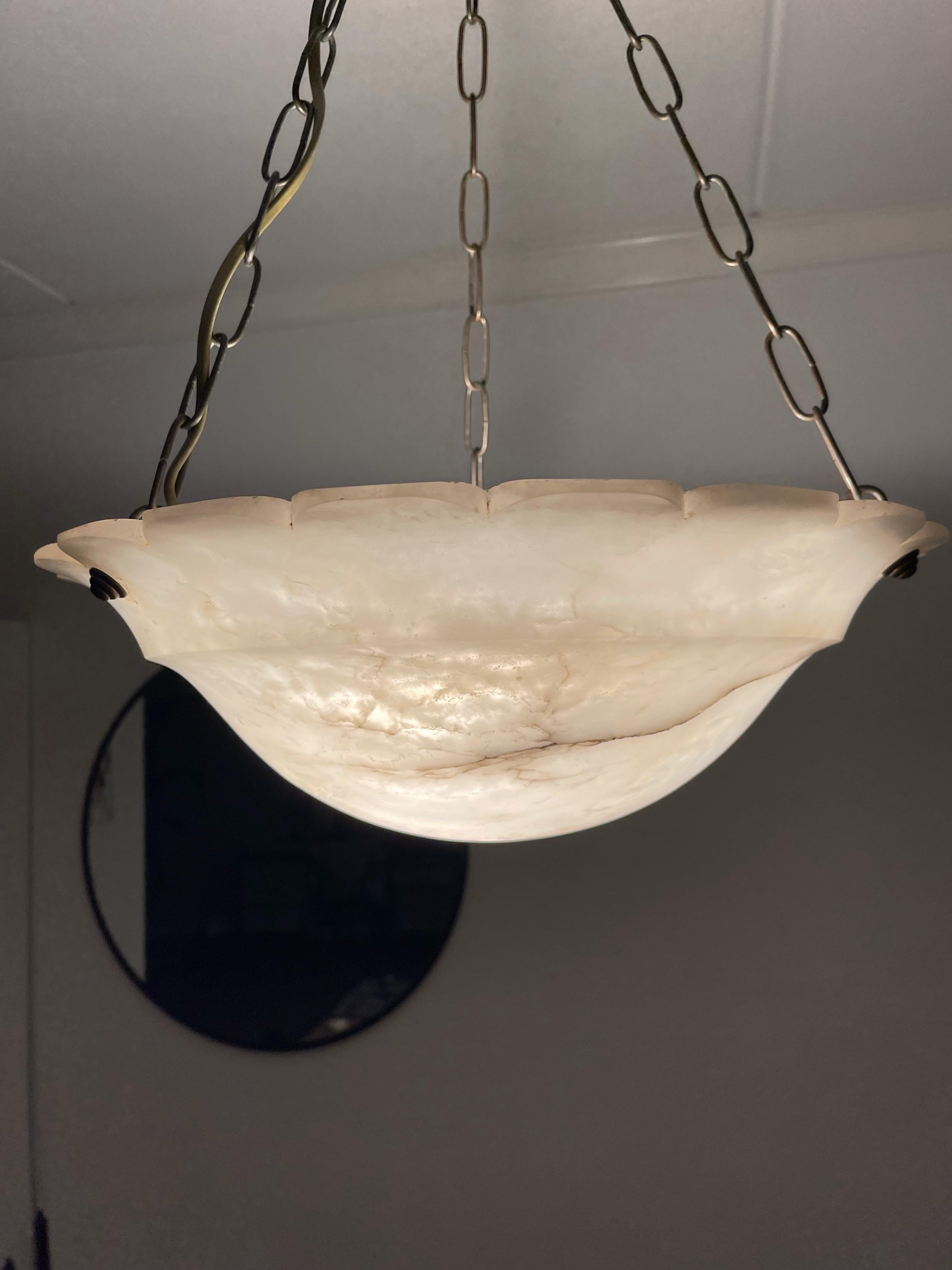 Early 1900 Art Deco Pure White with Black Veins Alabaster Pendant Light  6