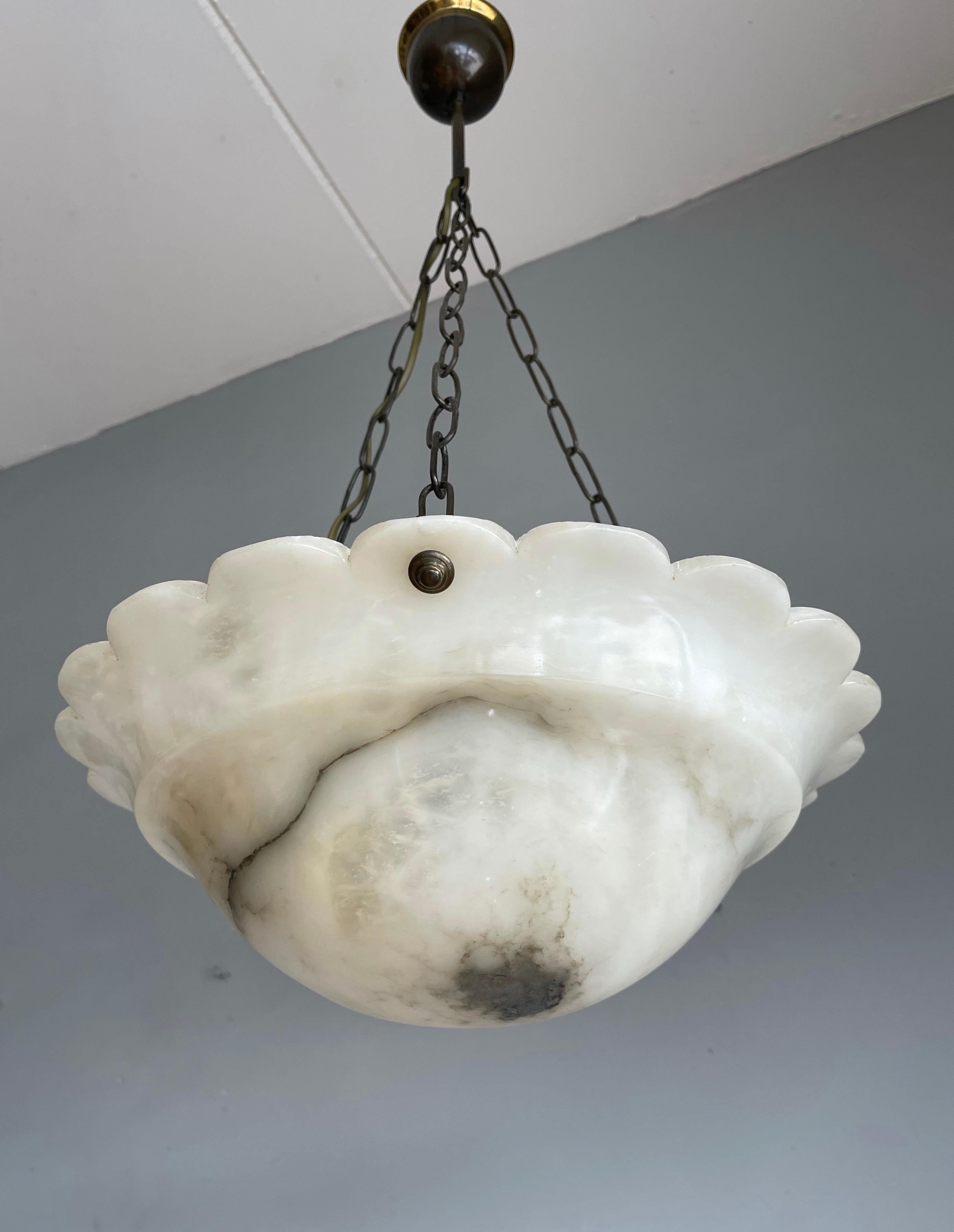 Early 1900 Art Deco Pure White with Black Veins Alabaster Pendant Light  8