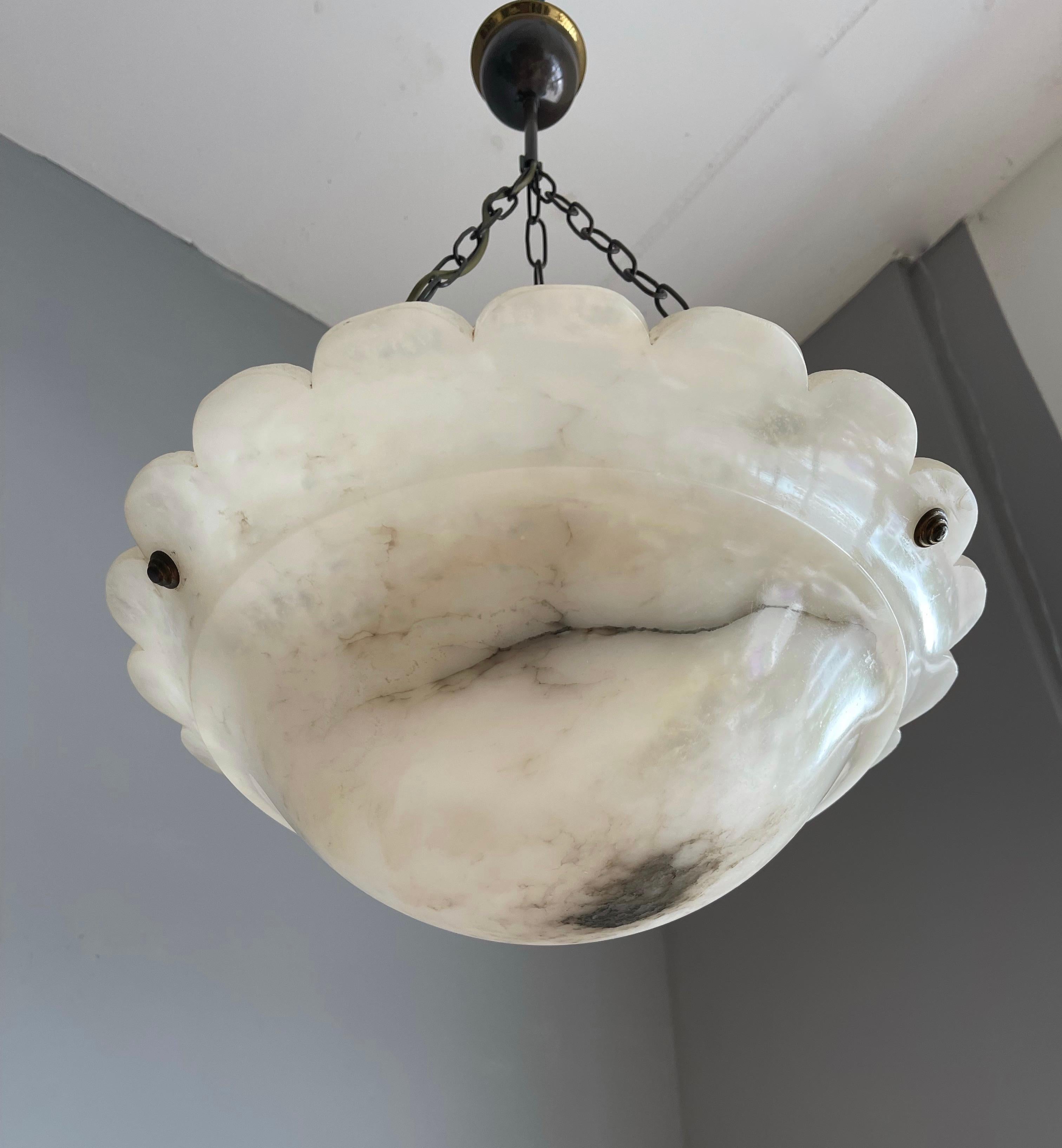 Early 1900 Art Deco Pure White with Black Veins Alabaster Pendant Light  10