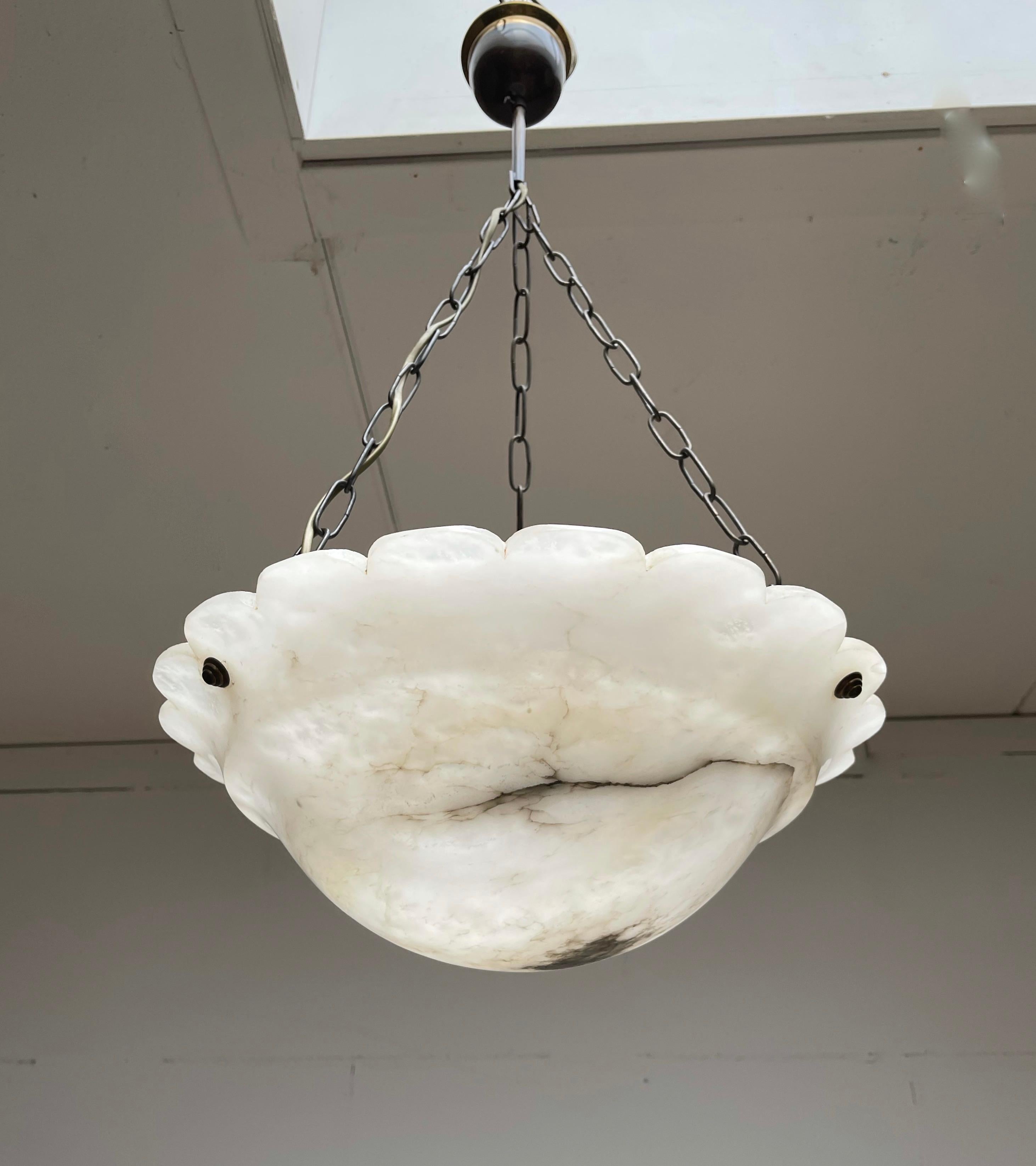 Early 1900 Art Deco Pure White with Black Veins Alabaster Pendant Light  In Excellent Condition In Lisse, NL