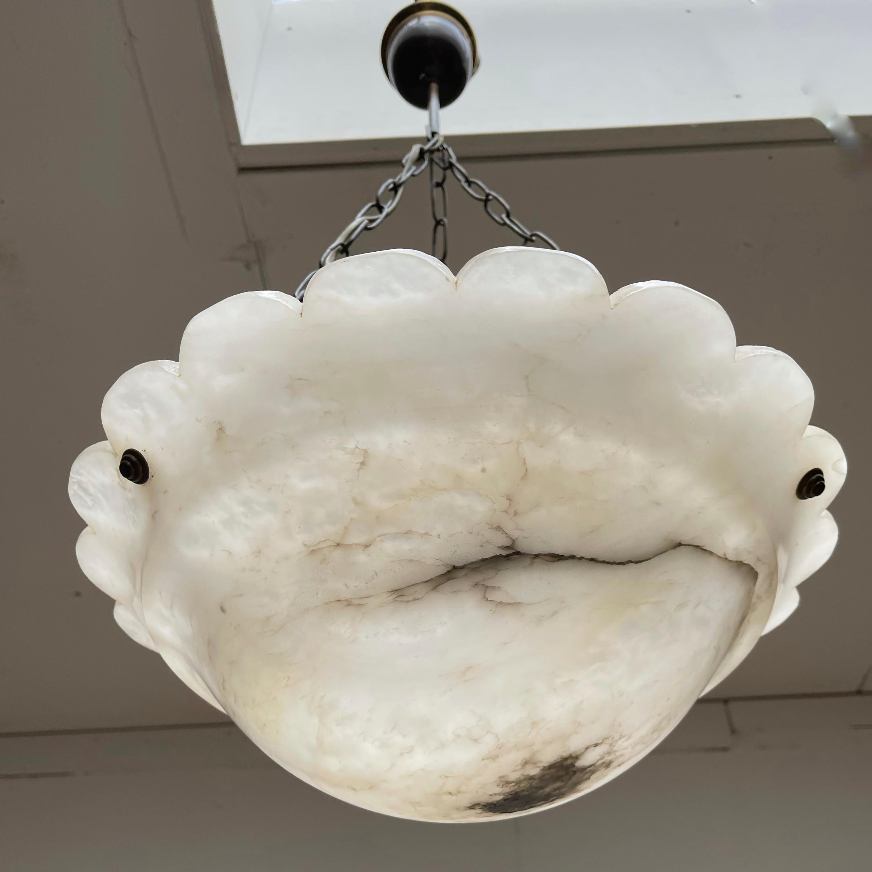 20th Century Early 1900 Art Deco Pure White with Black Veins Alabaster Pendant Light 