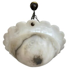 Early 1900 Art Deco Pure White with Black Veins Alabaster Pendant Light 