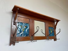 Early 1900 Arts and Crafts Oak Wall Coat Rack w. Majolica Tiles & Beveled Mirror