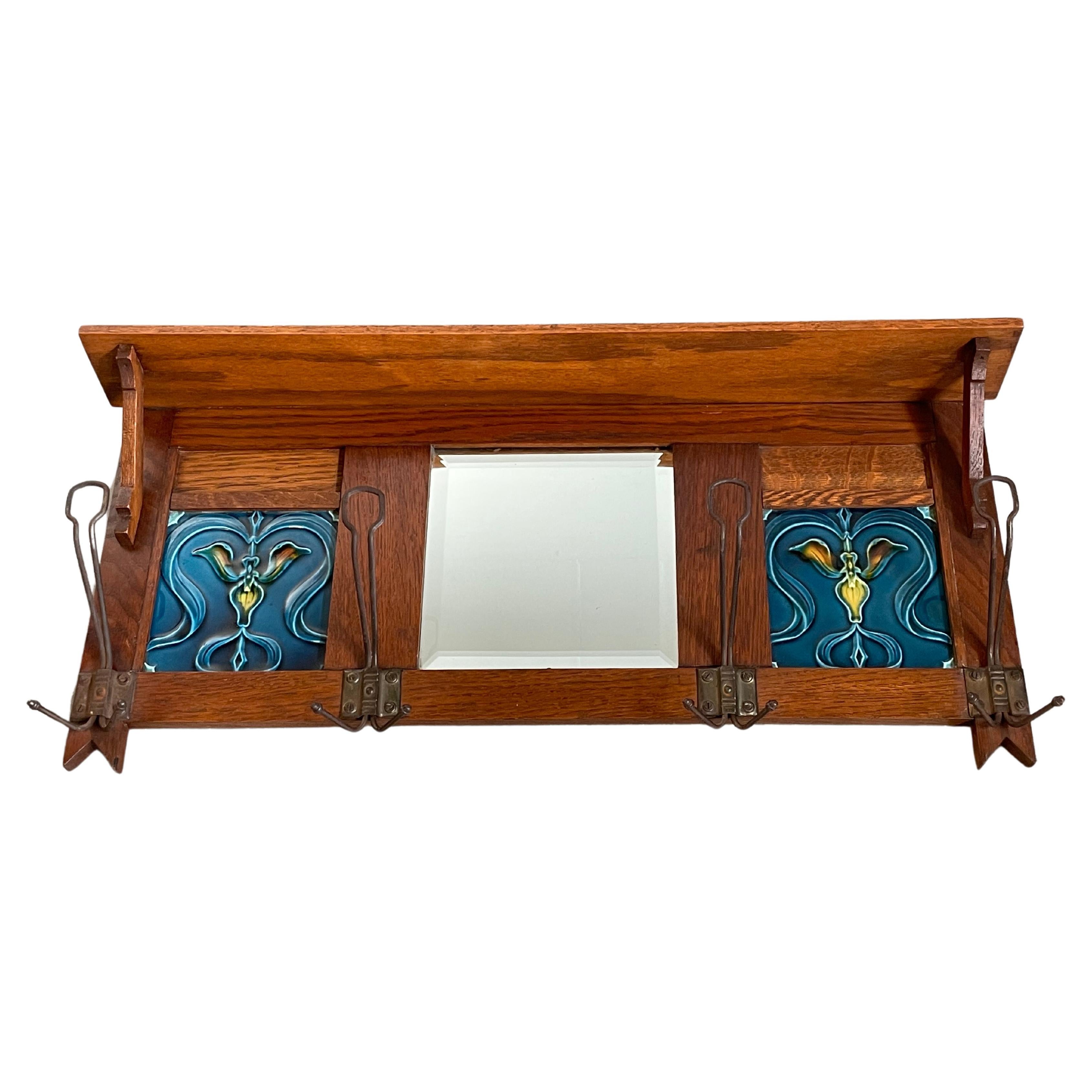 Early 1900 Arts and Crafts Oak Wall Coat Rack w. Majolica Tiles & Beveled Mirror