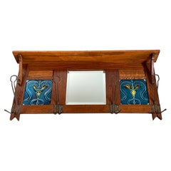 Early 1900 Arts and Crafts Oak Wall Coat Rack w. Majolica Tiles & Beveled Mirror