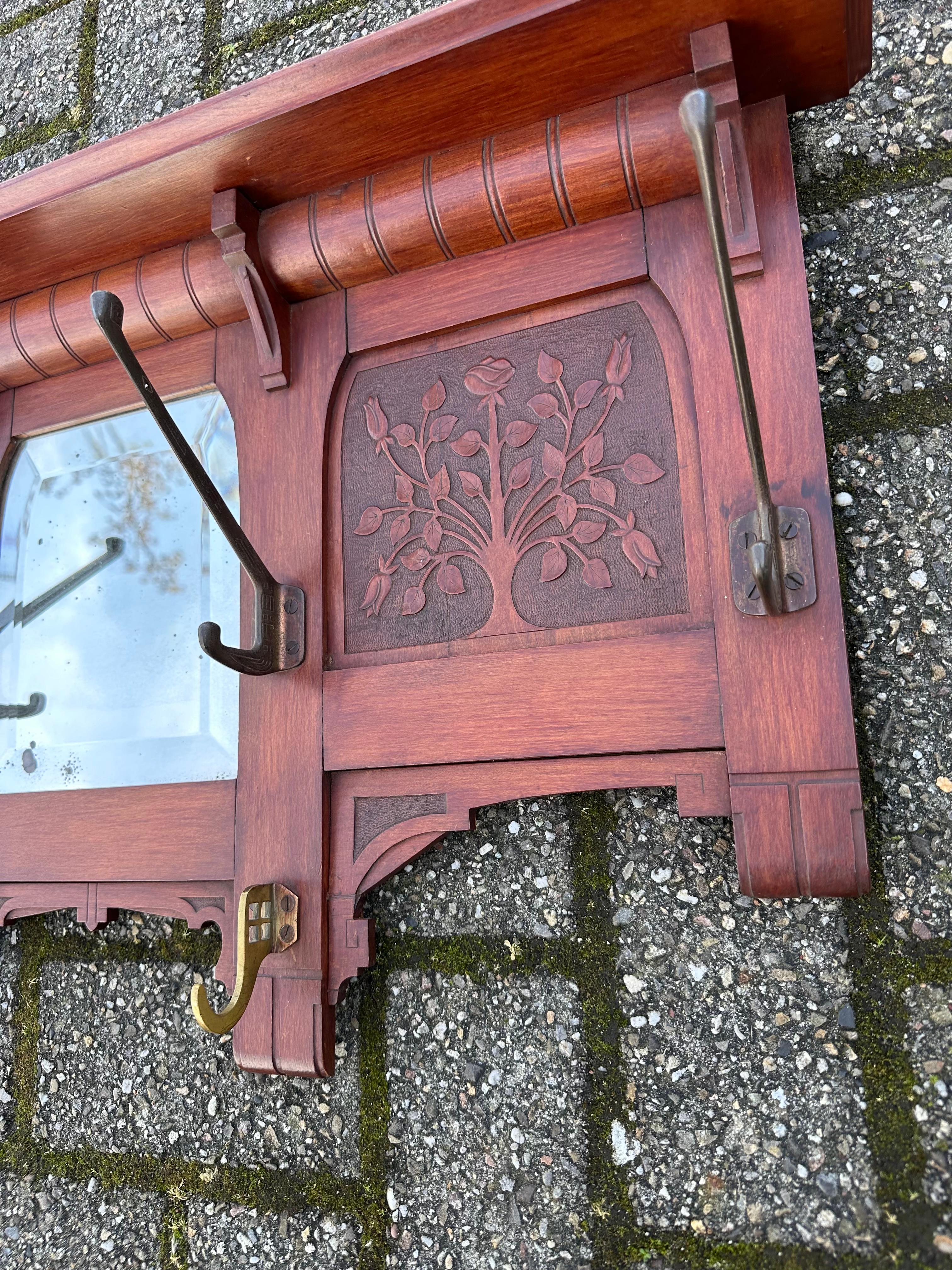 Early 1900 Arts & Crafts Coat Rack w. Carved Rose Bush Panels and Beveled Mirror For Sale 4