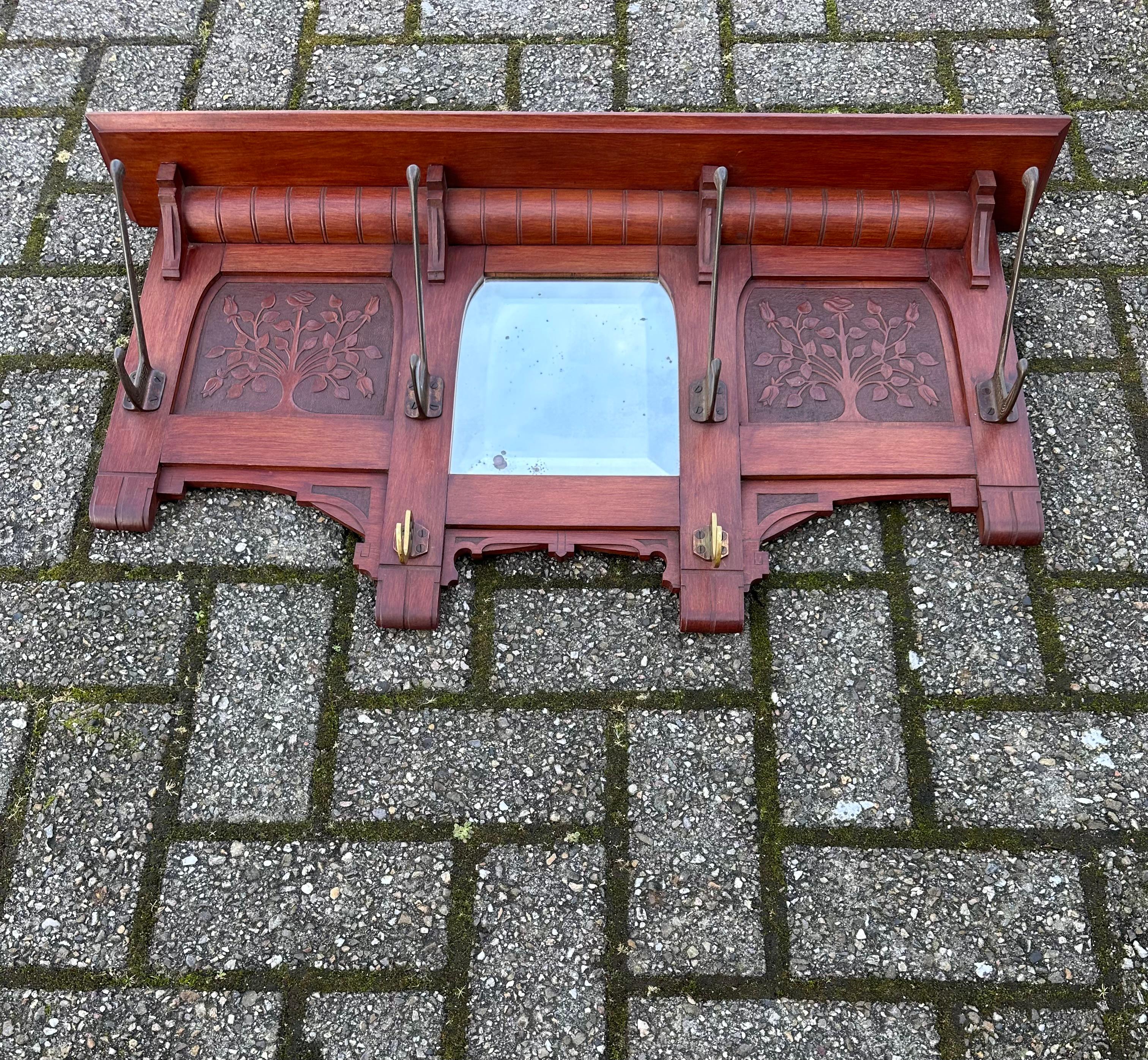 Early 1900 Arts & Crafts Coat Rack w. Carved Rose Bush Panels and Beveled Mirror For Sale 5