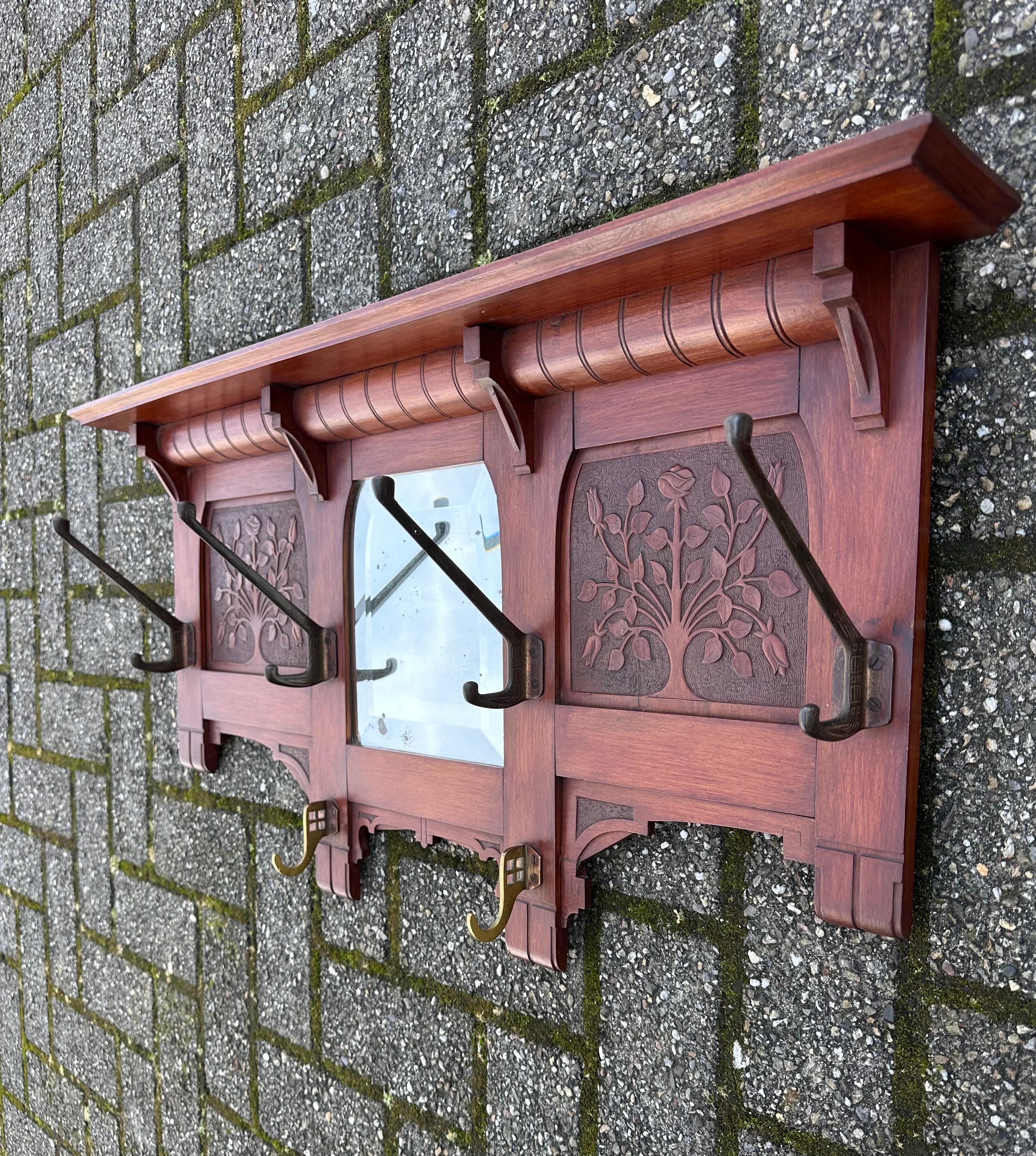 Early 1900 Arts & Crafts Coat Rack w. Carved Rose Bush Panels and Beveled Mirror For Sale 6