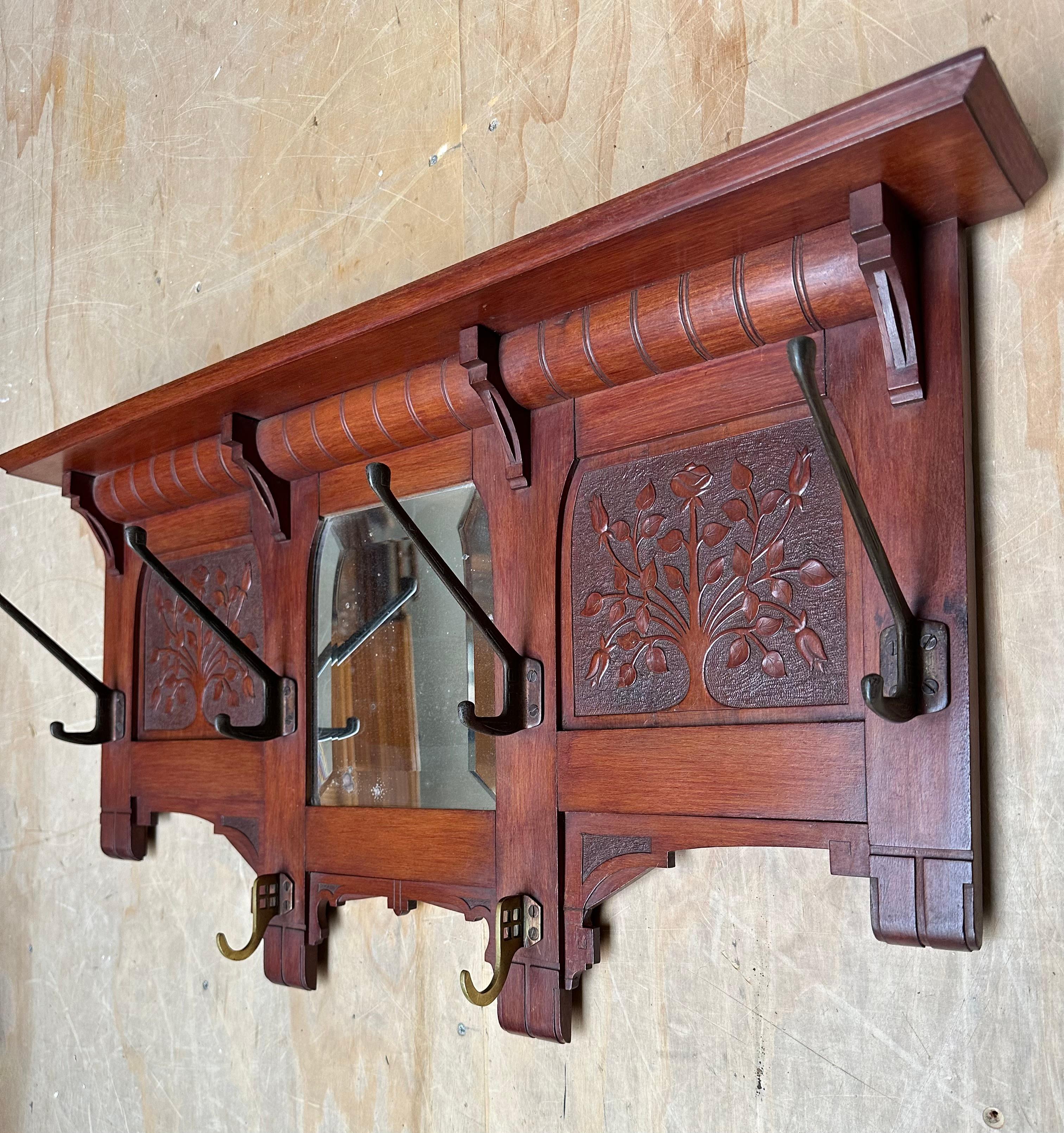 Early 1900 Arts & Crafts Coat Rack w. Carved Rose Bush Panels and Beveled Mirror For Sale 13
