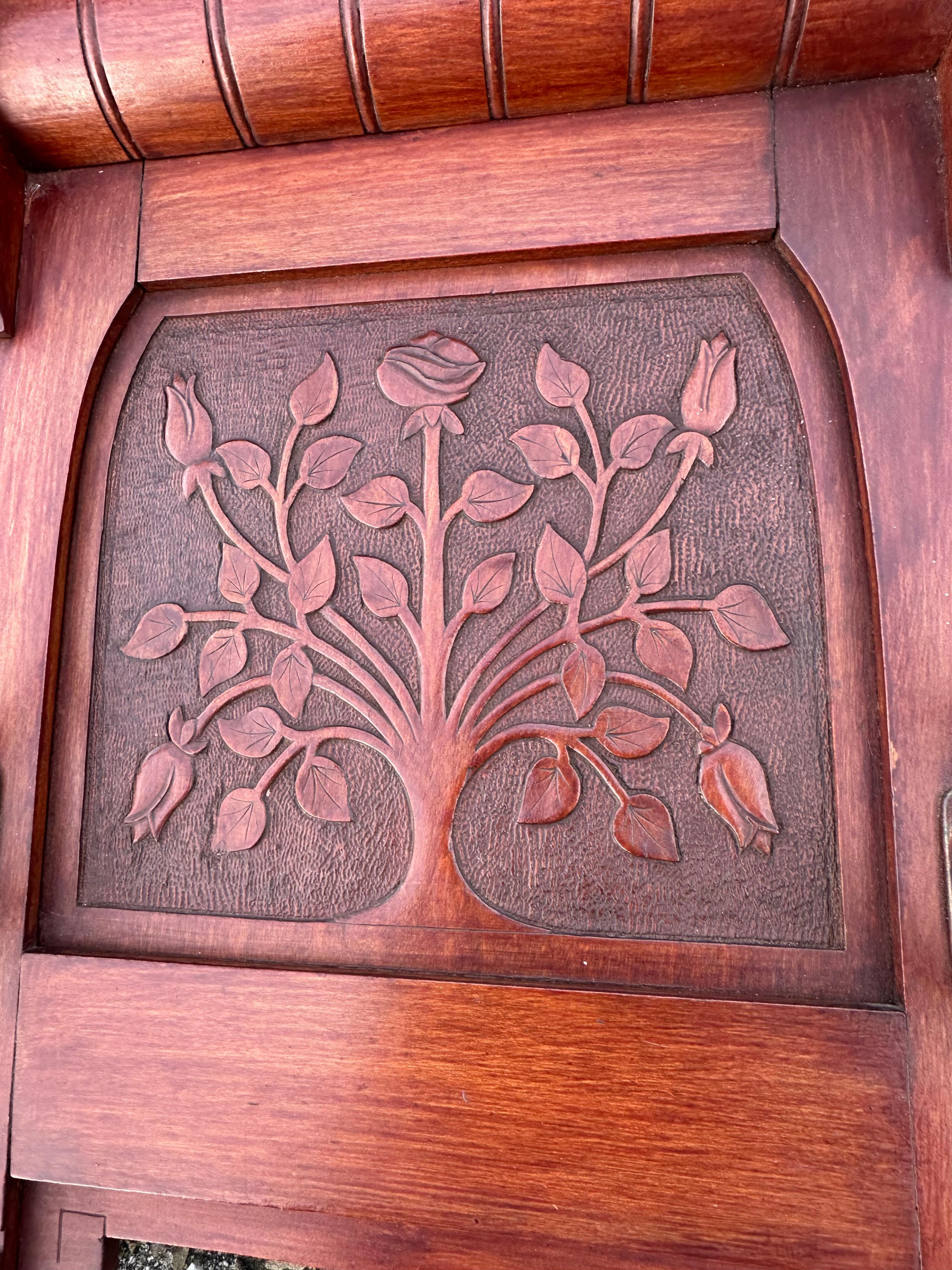 Bronze Early 1900 Arts & Crafts Coat Rack w. Carved Rose Bush Panels and Beveled Mirror For Sale