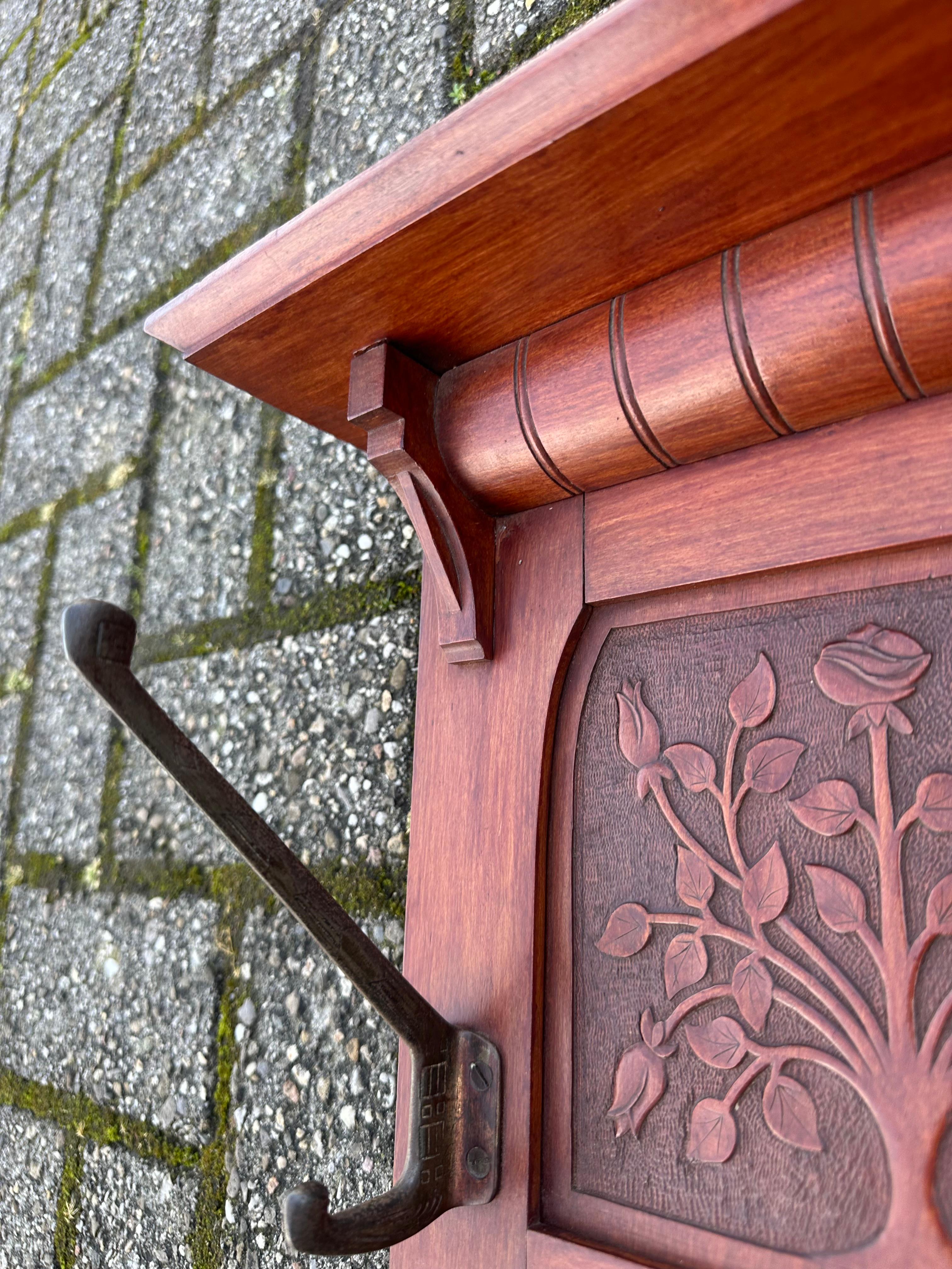 Early 1900 Arts & Crafts Coat Rack w. Carved Rose Bush Panels and Beveled Mirror For Sale 2
