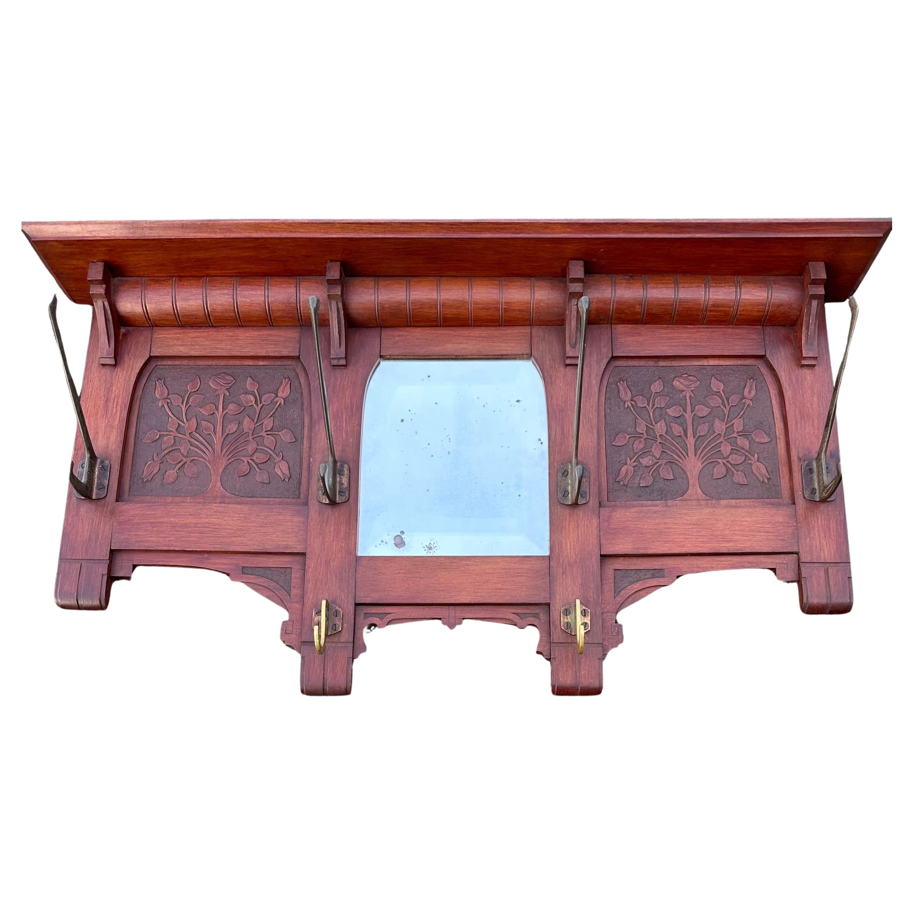 Early 1900 Arts & Crafts Coat Rack w. Carved Rose Bush Panels and Beveled Mirror For Sale