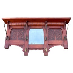 Early 1900 Arts & Crafts Coat Rack w. Carved Rose Bush Panels and Beveled Mirror