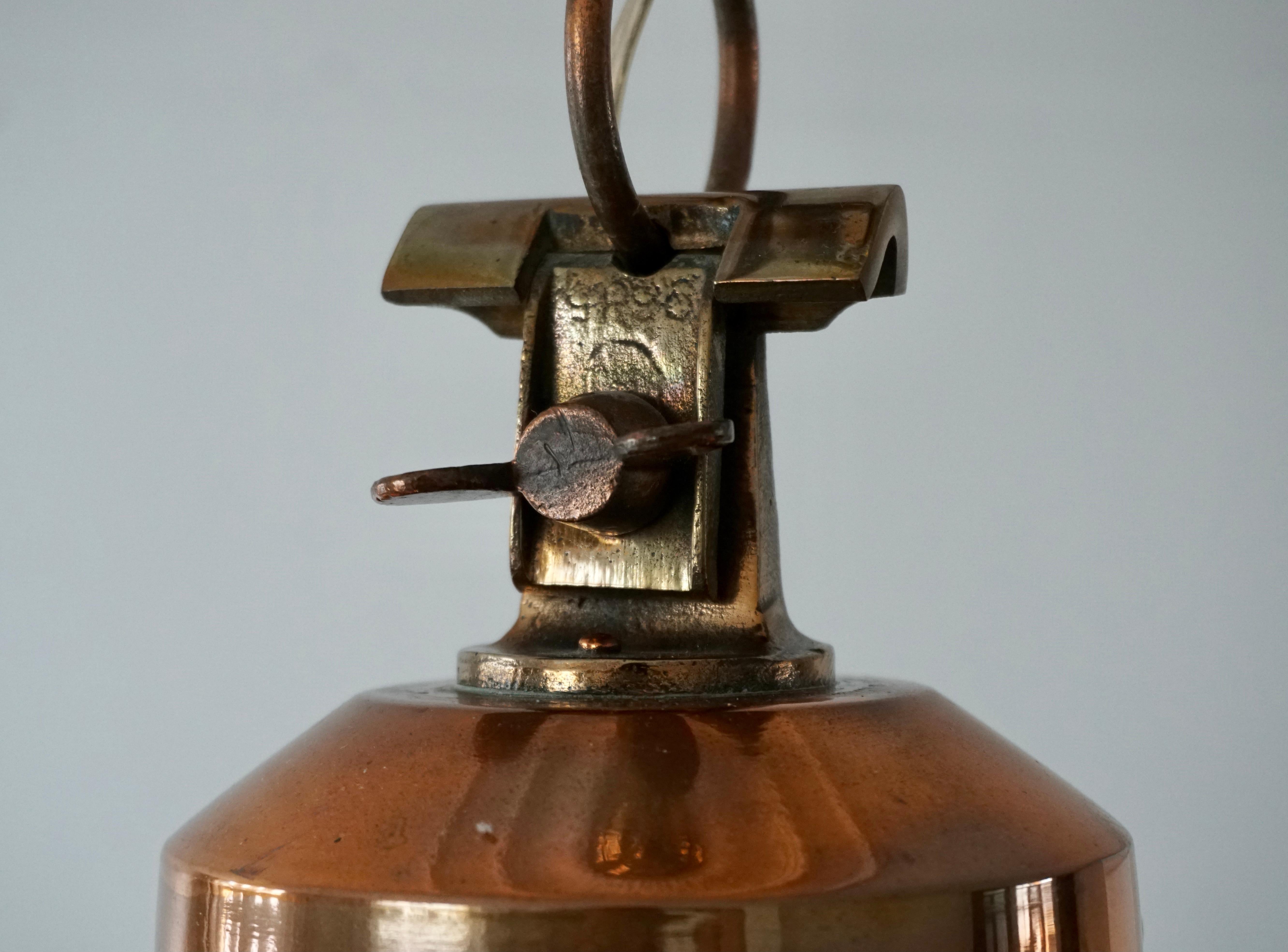 Early 1900 Belgian Copper Glass Pendant Light 4