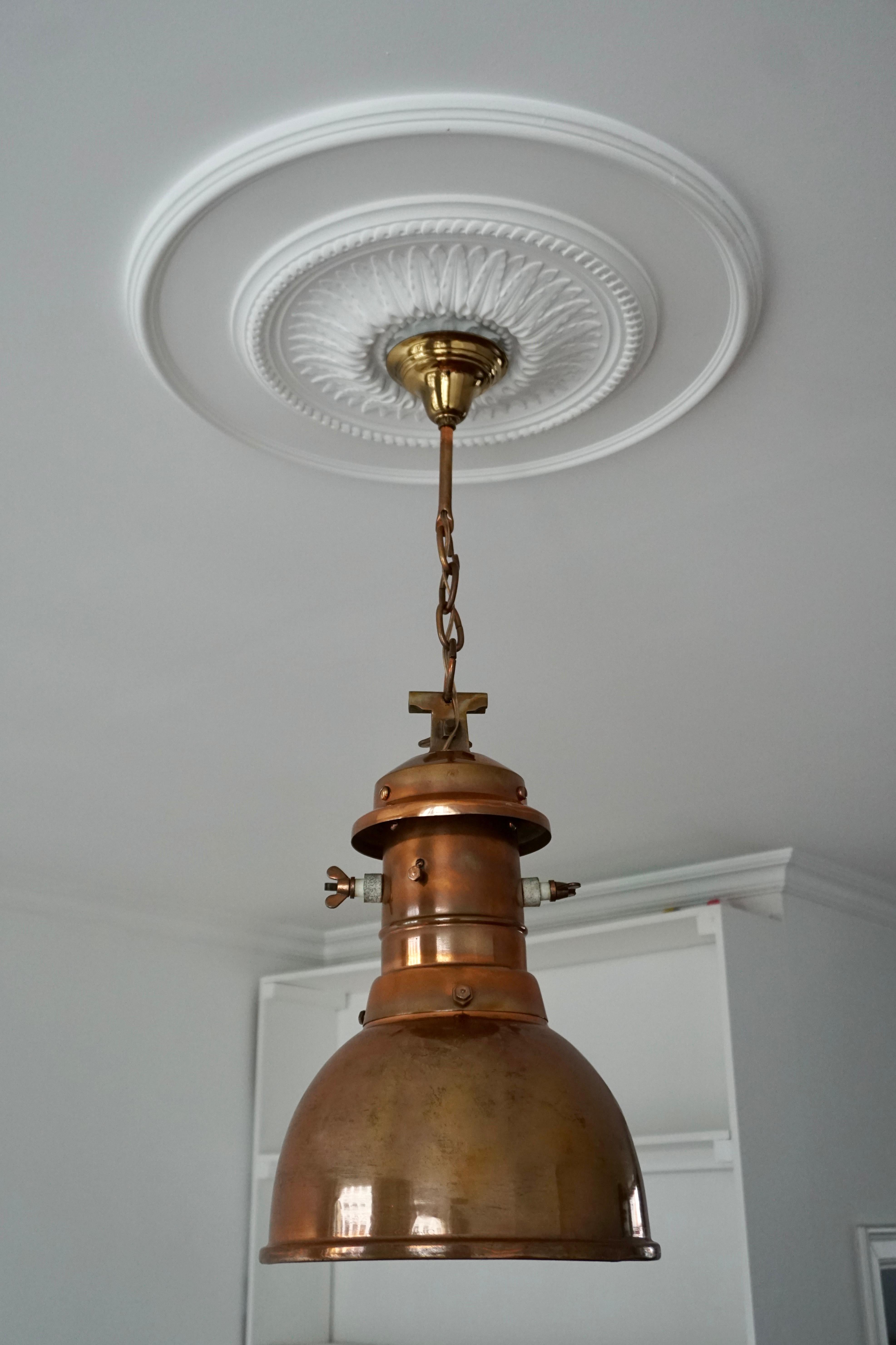 Mid-Century Modern Early 1900 Belgian Copper Glass Pendant Light