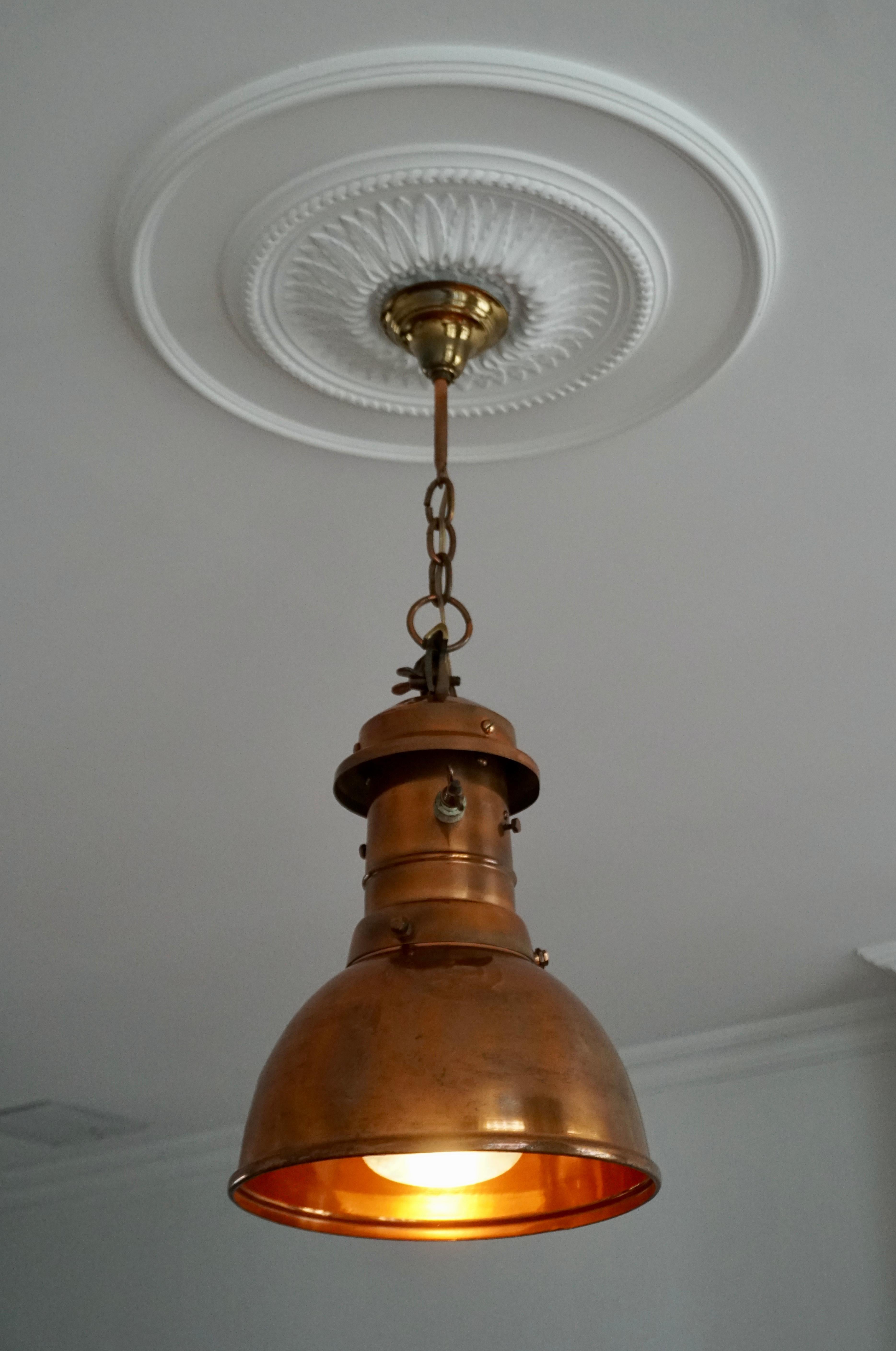 Hand-Crafted Early 1900 Belgian Copper Glass Pendant Light