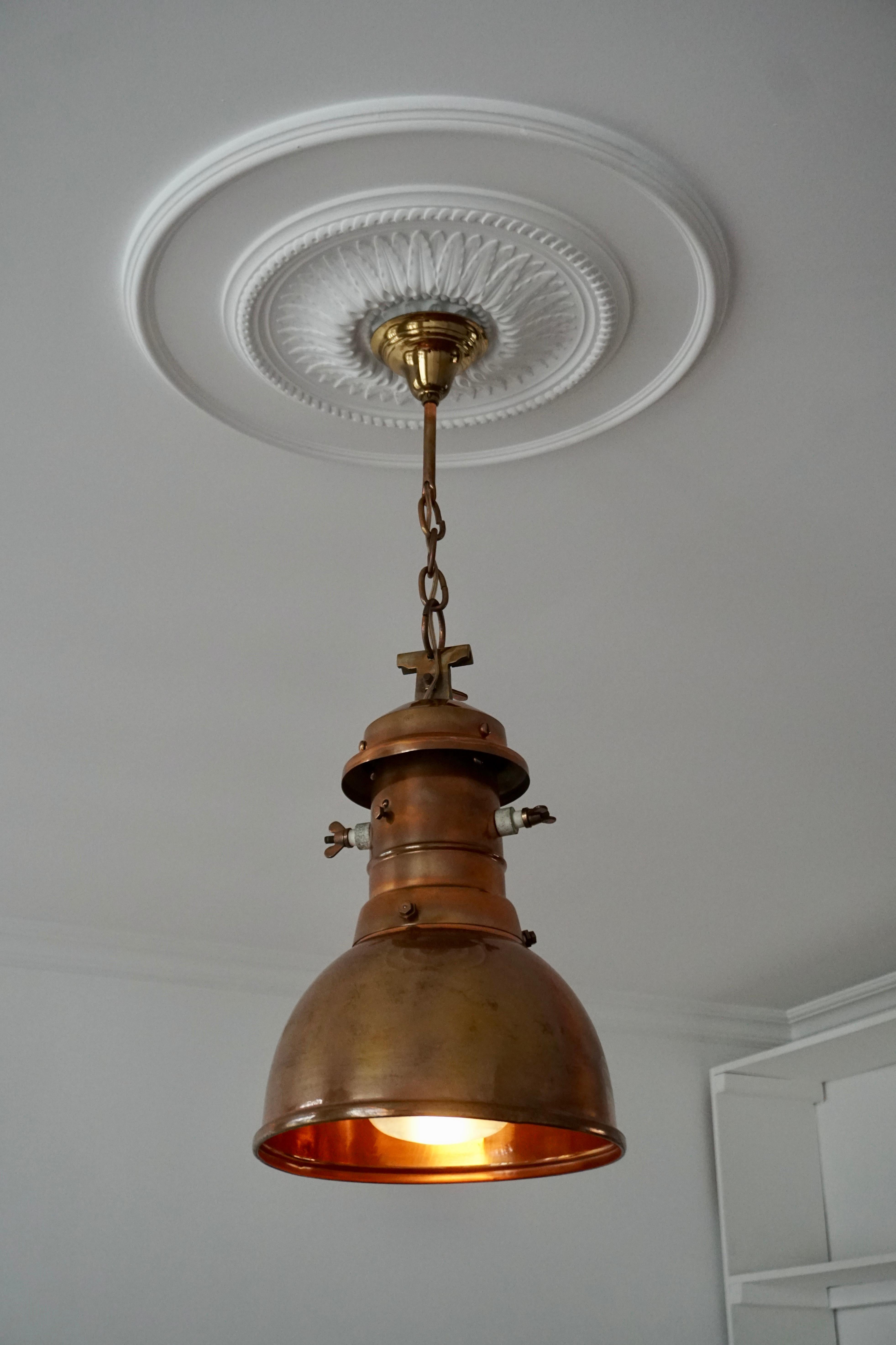 Early 1900 Belgian Copper Glass Pendant Light In Good Condition In Antwerp, BE