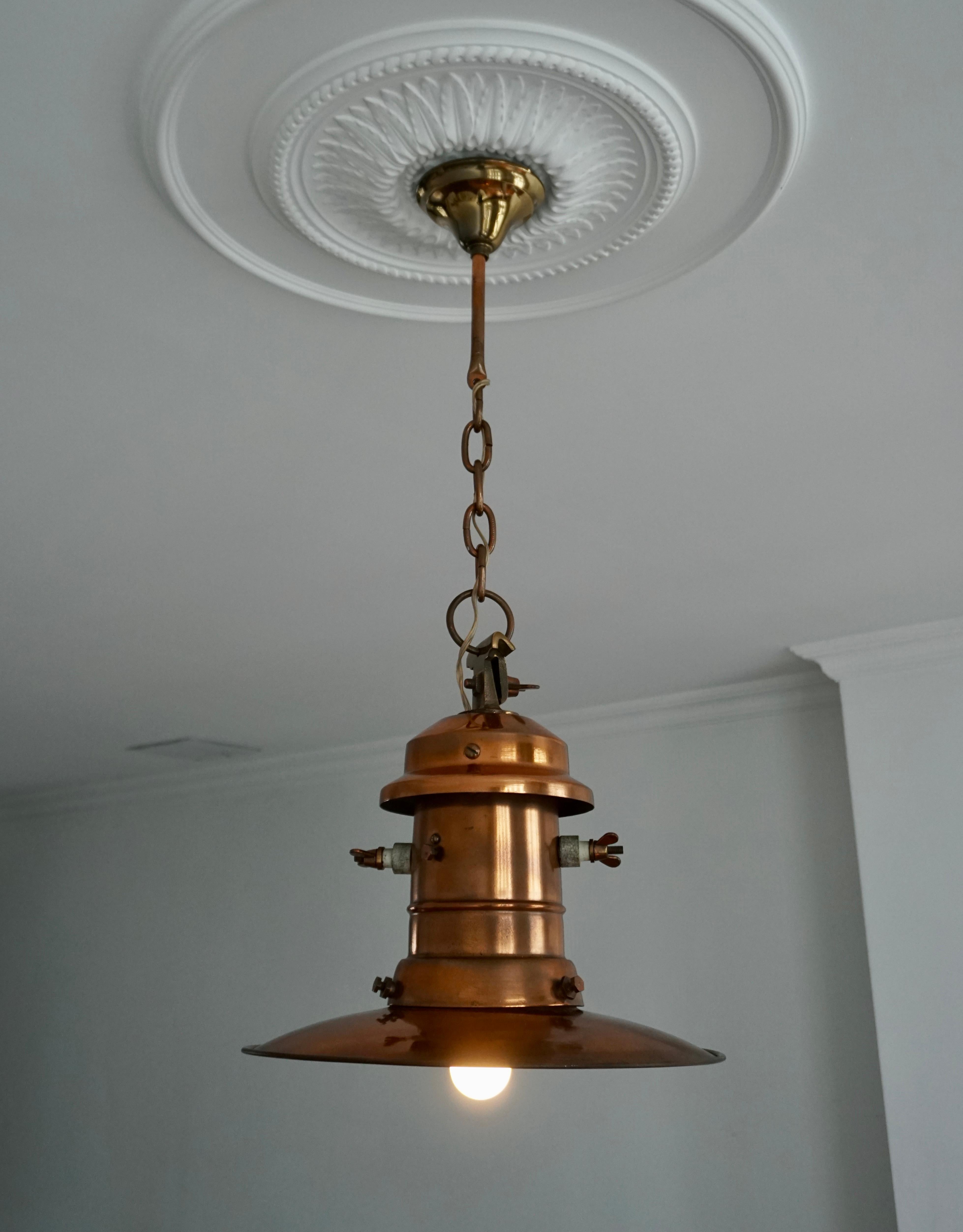 Arts and Crafts Early 1900 Belgian Copper Glass Pendant Light
