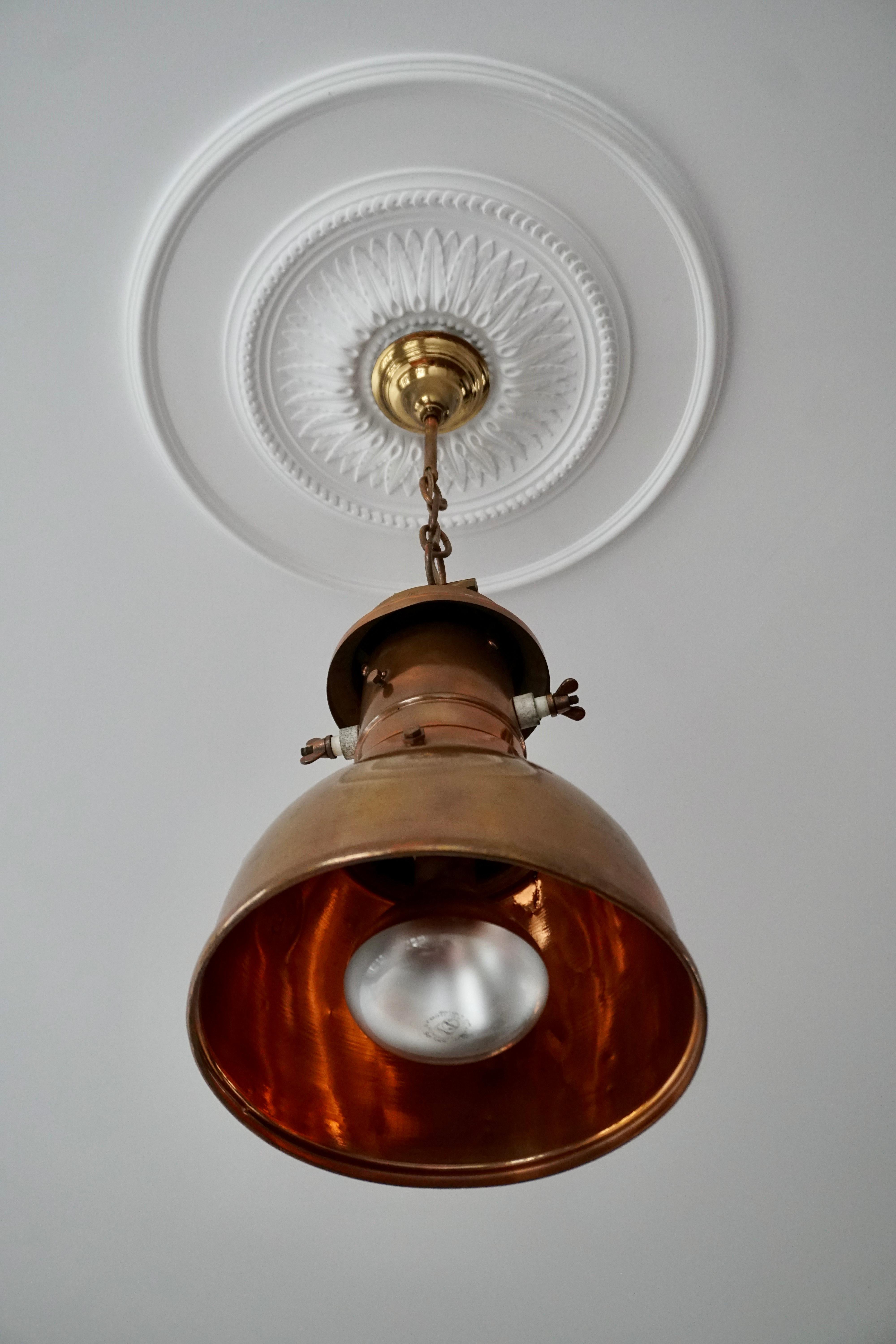 Brass Early 1900 Belgian Copper Glass Pendant Light